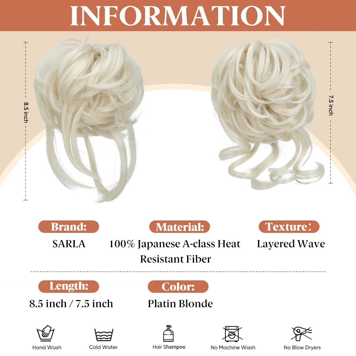 imageSARLA 2PCS Blonde Messy Bun Hair Pieces for Women Detachable Claw Clip Wavy Curly Synthetic Hairpieces for Updos with Tendrils Fake Scrunchies Ponytail Extension Dirty Blonde2PCSPlatin BlondeNo Clip
