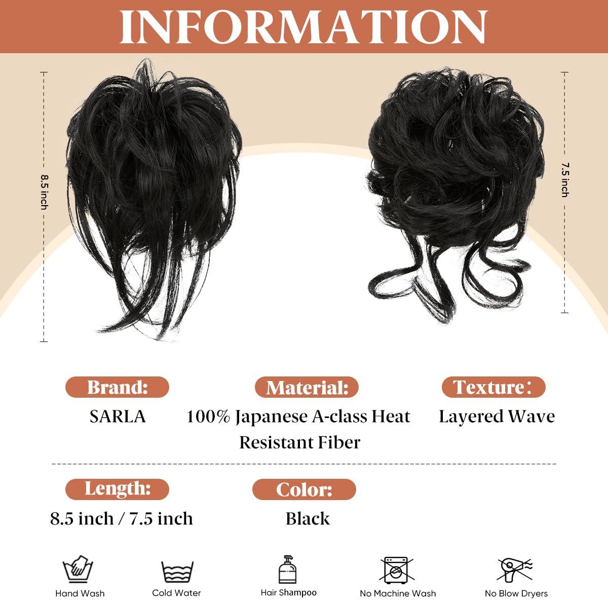 imageSARLA 2PCS Blonde Messy Bun Hair Pieces for Women Detachable Claw Clip Wavy Curly Synthetic Hairpieces for Updos with Tendrils Fake Scrunchies Ponytail Extension Dirty Blonde2PCSBlackNo Clip