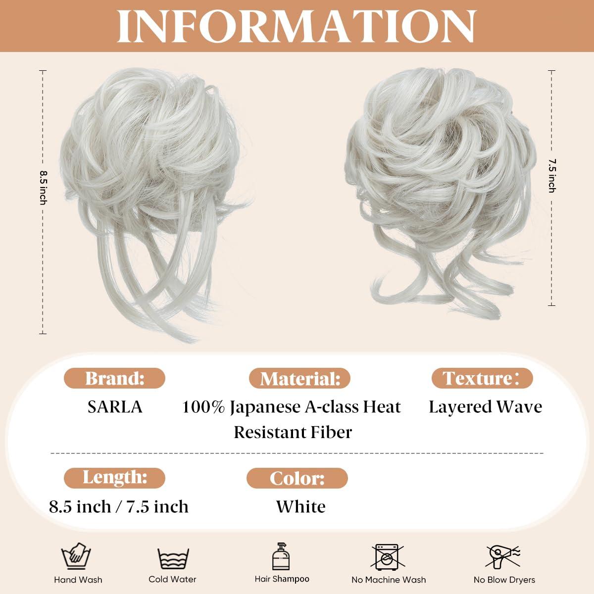 imageSARLA 2PCS Blonde Messy Bun Hair Pieces for Women Detachable Claw Clip Wavy Curly Synthetic Hairpieces for Updos with Tendrils Fake Scrunchies Ponytail Extension Dirty Blonde2PCSWhite