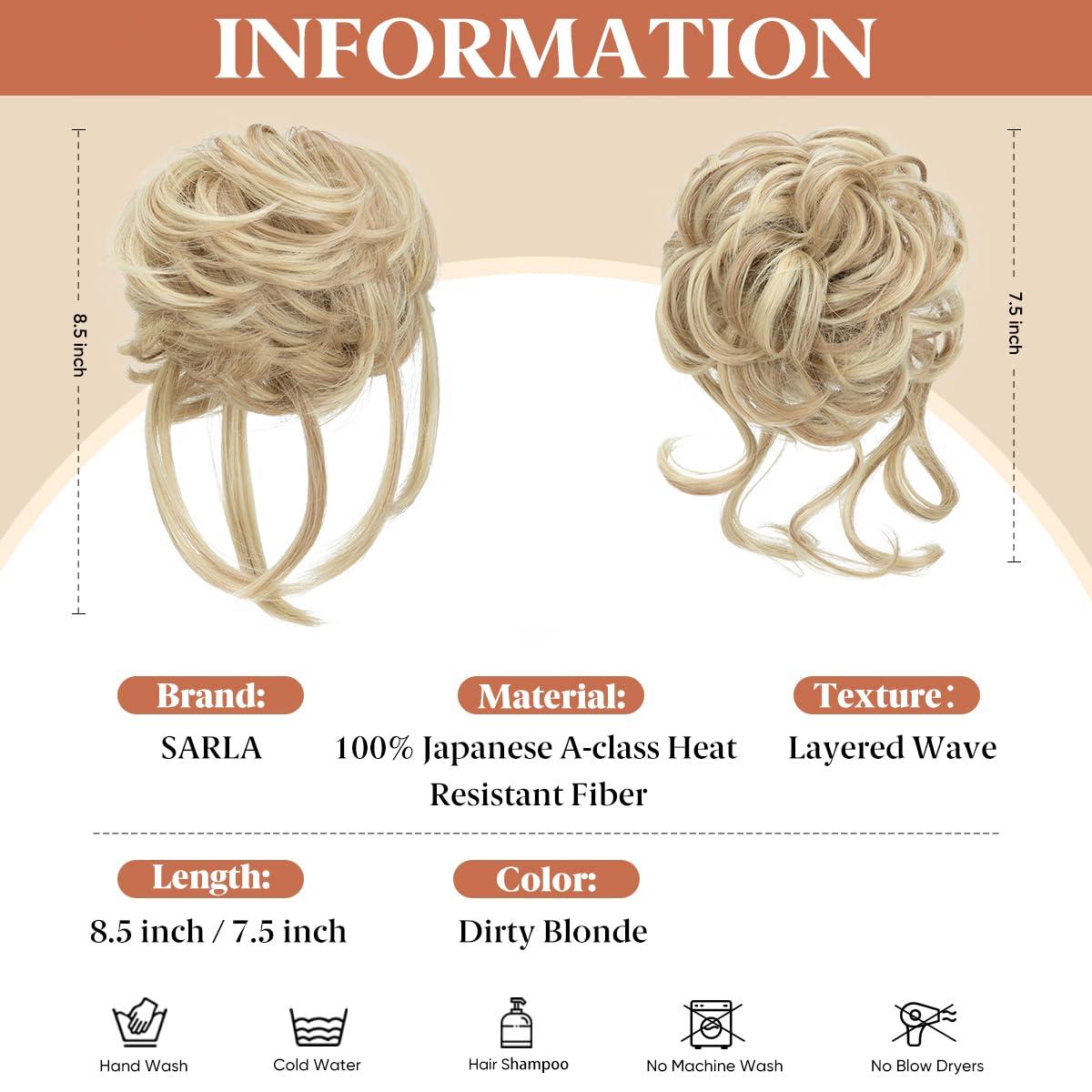 imageSARLA 2PCS Blonde Messy Bun Hair Pieces for Women Detachable Claw Clip Wavy Curly Synthetic Hairpieces for Updos with Tendrils Fake Scrunchies Ponytail Extension Dirty Blonde2PCSDirty BlondeNo Clip