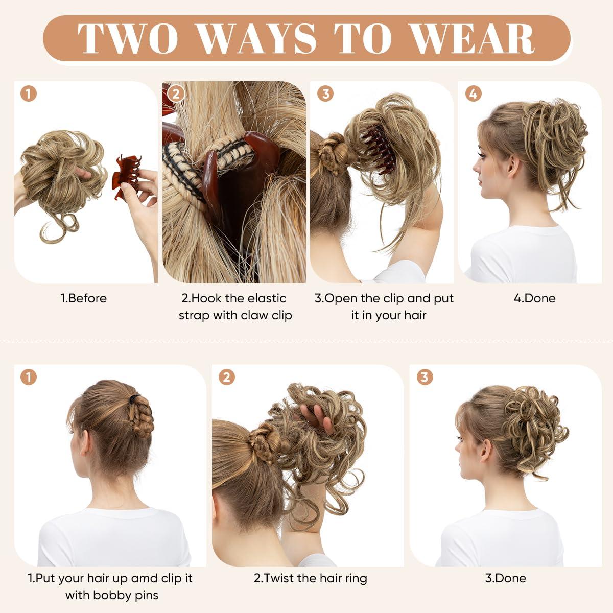 imageSARLA 2PCS Blonde Messy Bun Hair Pieces for Women Detachable Claw Clip Wavy Curly Synthetic Hairpieces for Updos with Tendrils Fake Scrunchies Ponytail Extension Dirty Blonde2PCSAsh Grey