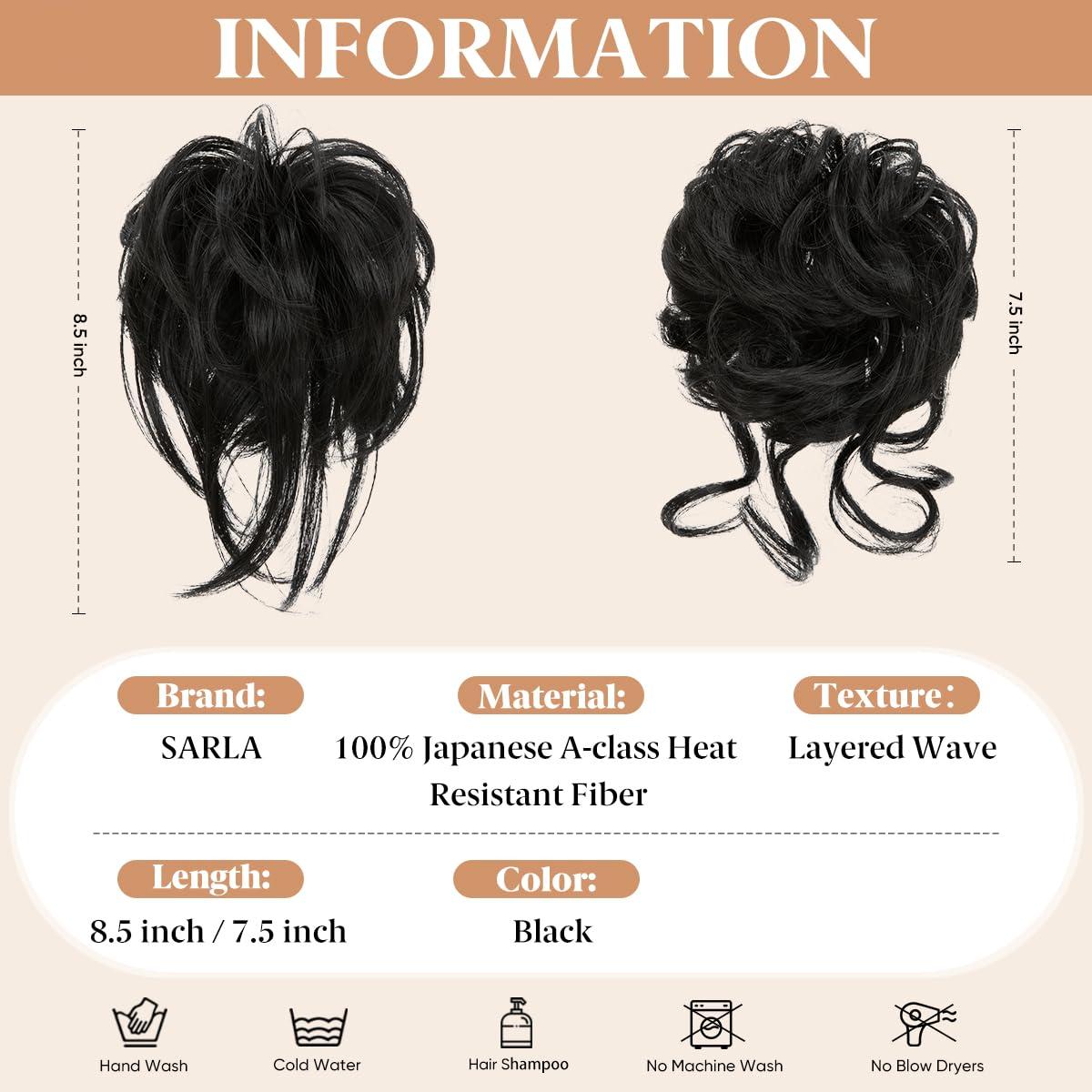 imageSARLA 2PCS Blonde Messy Bun Hair Pieces for Women Detachable Claw Clip Wavy Curly Synthetic Hairpieces for Updos with Tendrils Fake Scrunchies Ponytail Extension Dirty Blonde2PCSBlack