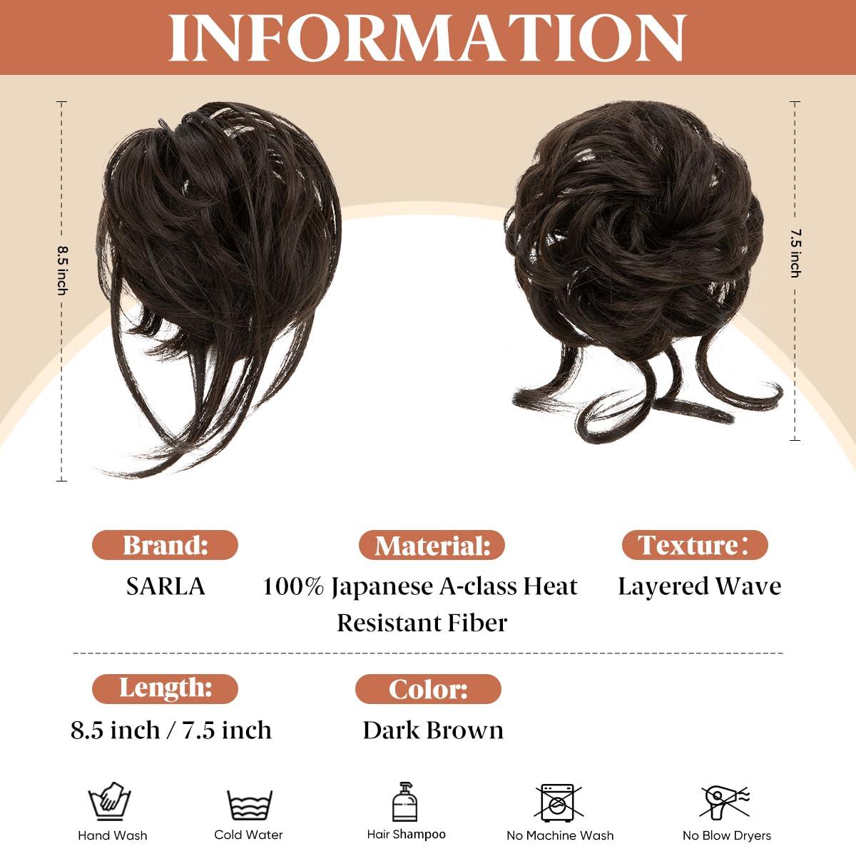 imageSARLA 2PCS Blonde Messy Bun Hair Pieces for Women Detachable Claw Clip Wavy Curly Synthetic Hairpieces for Updos with Tendrils Fake Scrunchies Ponytail Extension Dirty Blonde2PCSDark BrownNo Clip
