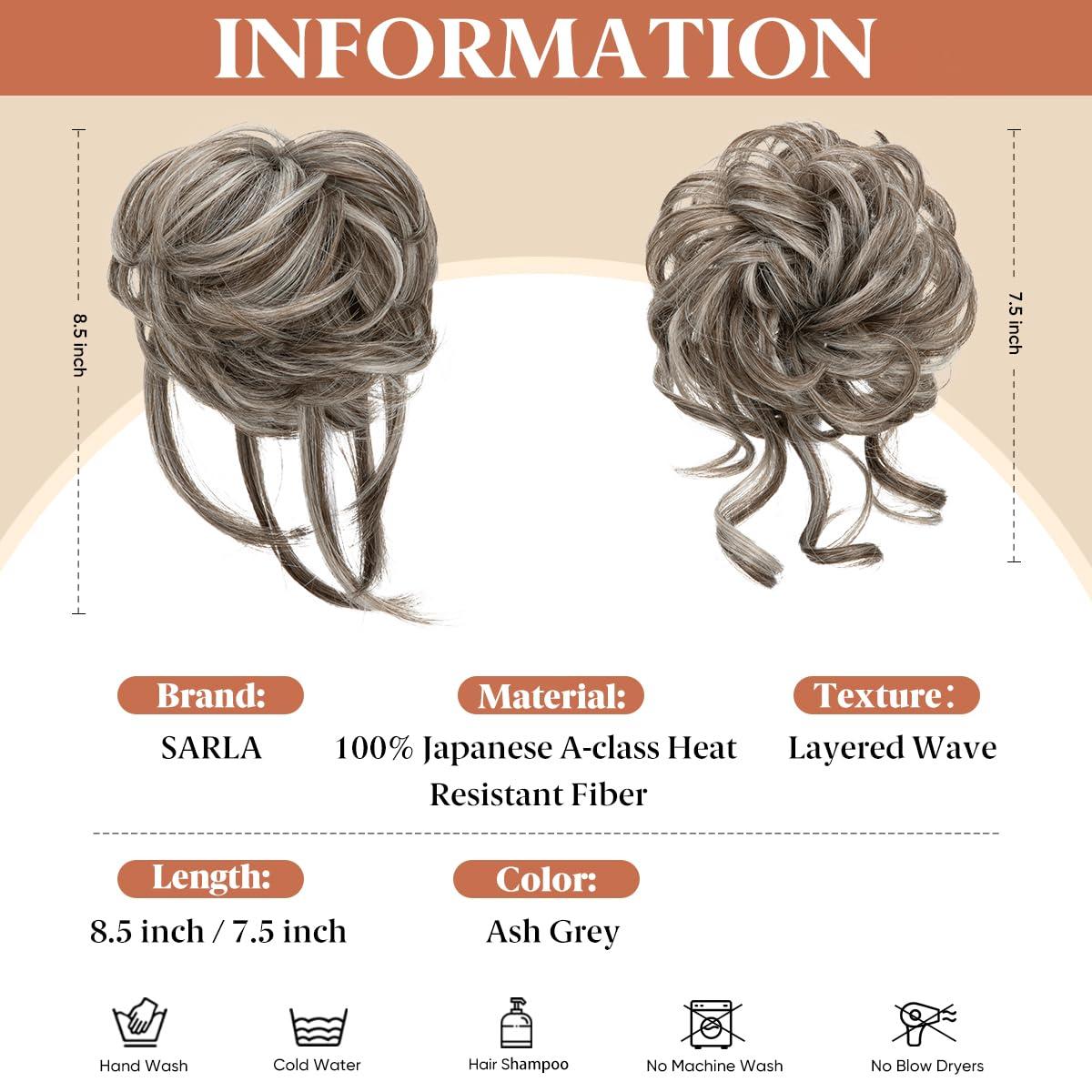 imageSARLA 2PCS Blonde Messy Bun Hair Pieces for Women Detachable Claw Clip Wavy Curly Synthetic Hairpieces for Updos with Tendrils Fake Scrunchies Ponytail Extension Dirty Blonde2PCSAsh GreyNo Clip