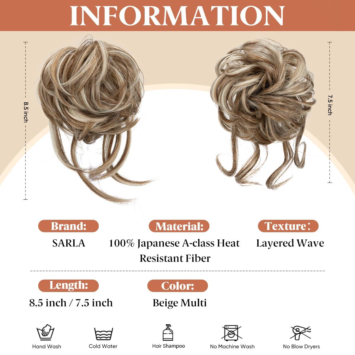 imageSARLA 2PCS Blonde Messy Bun Hair Pieces for Women Detachable Claw Clip Wavy Curly Synthetic Hairpieces for Updos with Tendrils Fake Scrunchies Ponytail Extension Dirty Blonde2PCSBeige MultiNo Clip