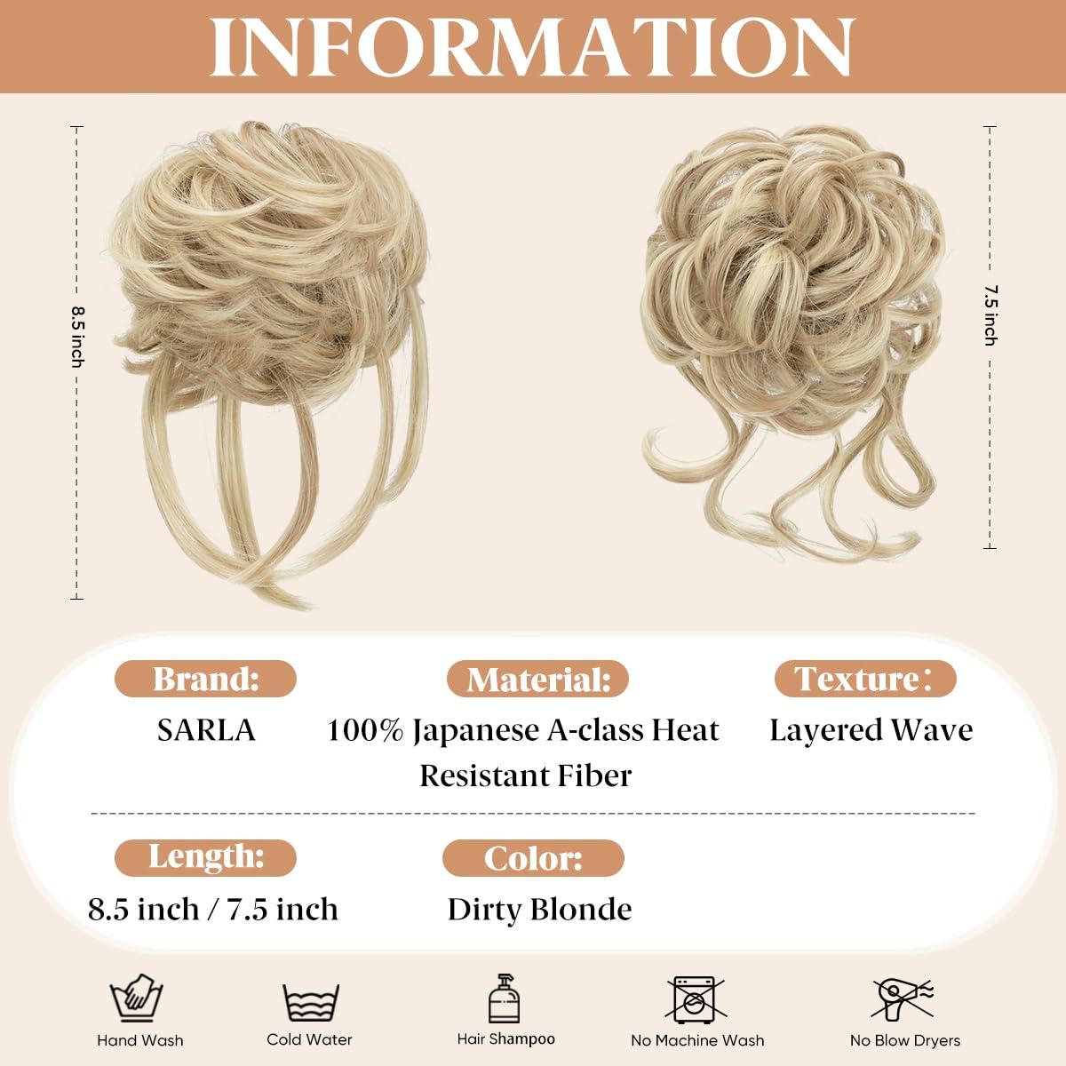 imageSARLA 2PCS Blonde Messy Bun Hair Pieces for Women Detachable Claw Clip Wavy Curly Synthetic Hairpieces for Updos with Tendrils Fake Scrunchies Ponytail Extension Dirty Blonde2PCSDirty Blonde