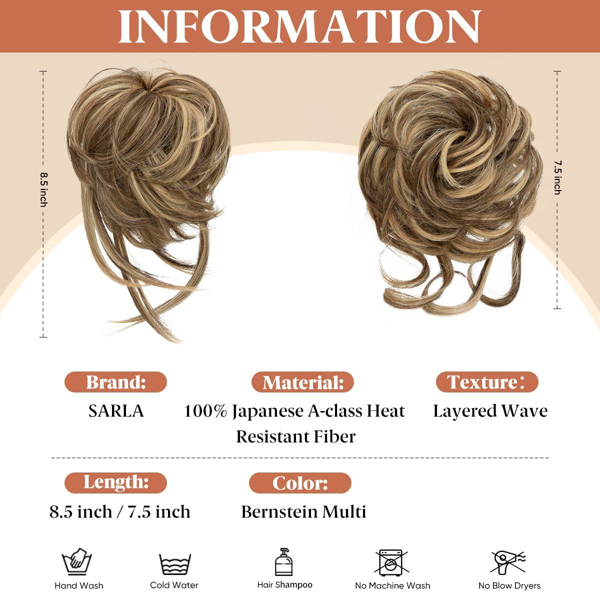 imageSARLA 2PCS Blonde Messy Bun Hair Pieces for Women Detachable Claw Clip Wavy Curly Synthetic Hairpieces for Updos with Tendrils Fake Scrunchies Ponytail Extension Dirty Blonde2PCSBernstein MultiNo Clip