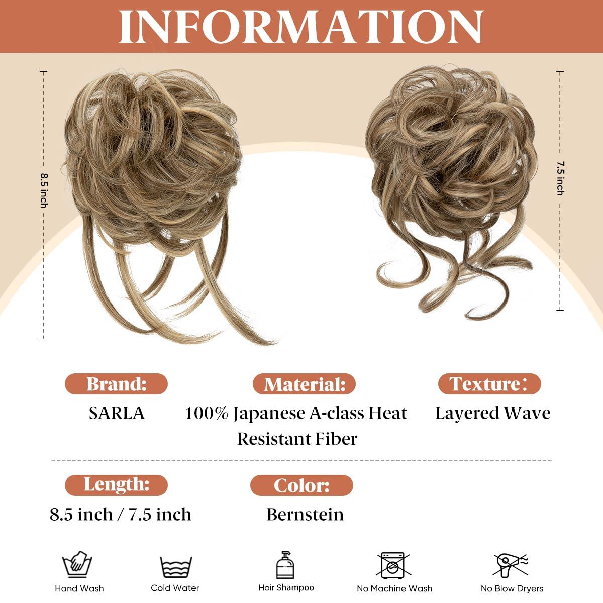 imageSARLA 2PCS Blonde Messy Bun Hair Pieces for Women Detachable Claw Clip Wavy Curly Synthetic Hairpieces for Updos with Tendrils Fake Scrunchies Ponytail Extension Dirty Blonde2PCSBernsteinNo Clip