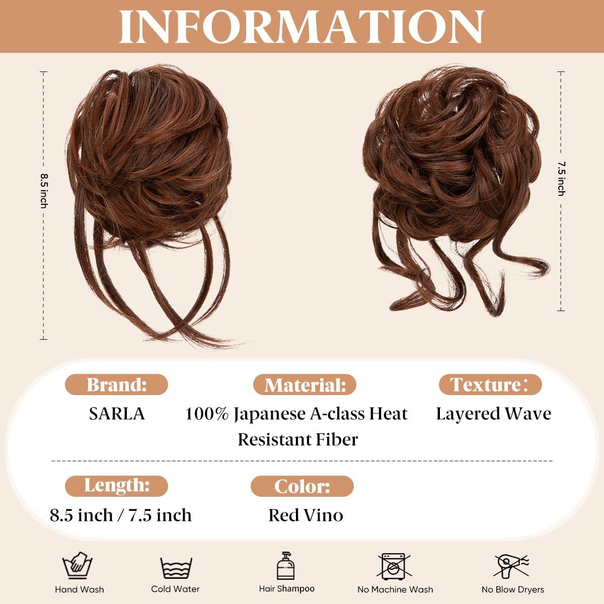 imageSARLA 2PCS Blonde Messy Bun Hair Pieces for Women Detachable Claw Clip Wavy Curly Synthetic Hairpieces for Updos with Tendrils Fake Scrunchies Ponytail Extension Dirty Blonde2PCSRed Vino