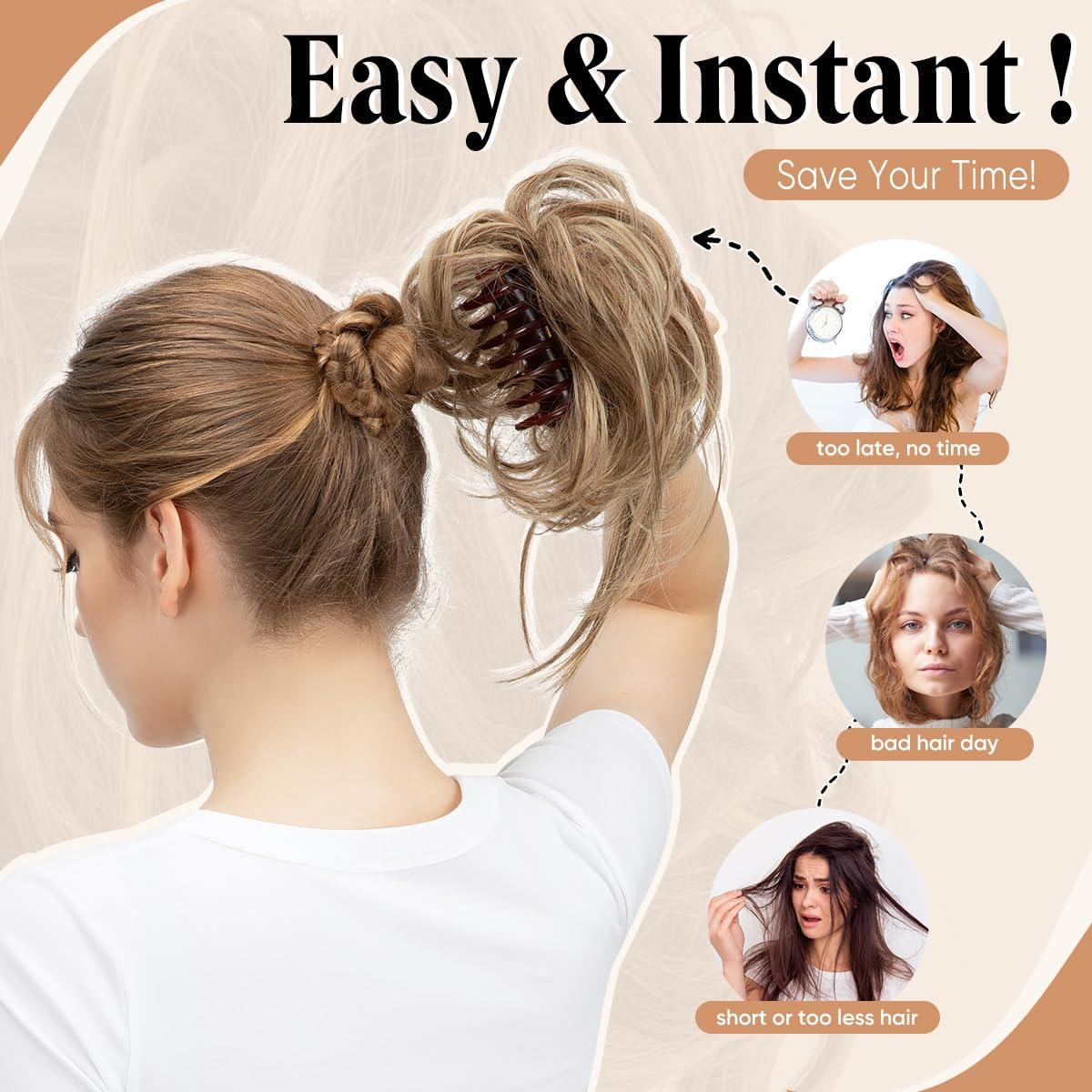 imageSARLA 2PCS Blonde Messy Bun Hair Pieces for Women Detachable Claw Clip Wavy Curly Synthetic Hairpieces for Updos with Tendrils Fake Scrunchies Ponytail Extension Dirty Blonde2PCSAsh Grey