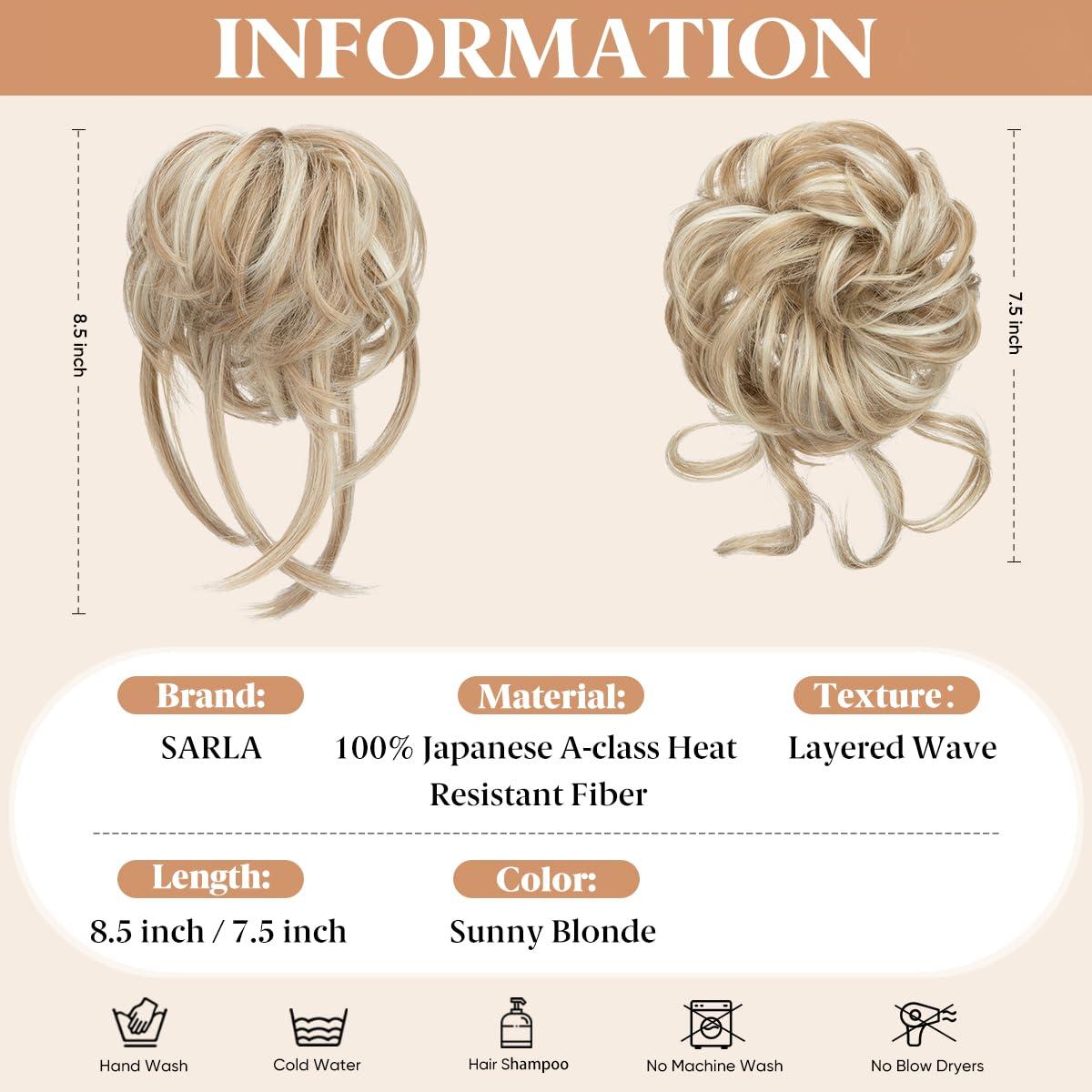 imageSARLA 2PCS Blonde Messy Bun Hair Pieces for Women Detachable Claw Clip Wavy Curly Synthetic Hairpieces for Updos with Tendrils Fake Scrunchies Ponytail Extension Dirty Blonde2PCSSunny Blonde