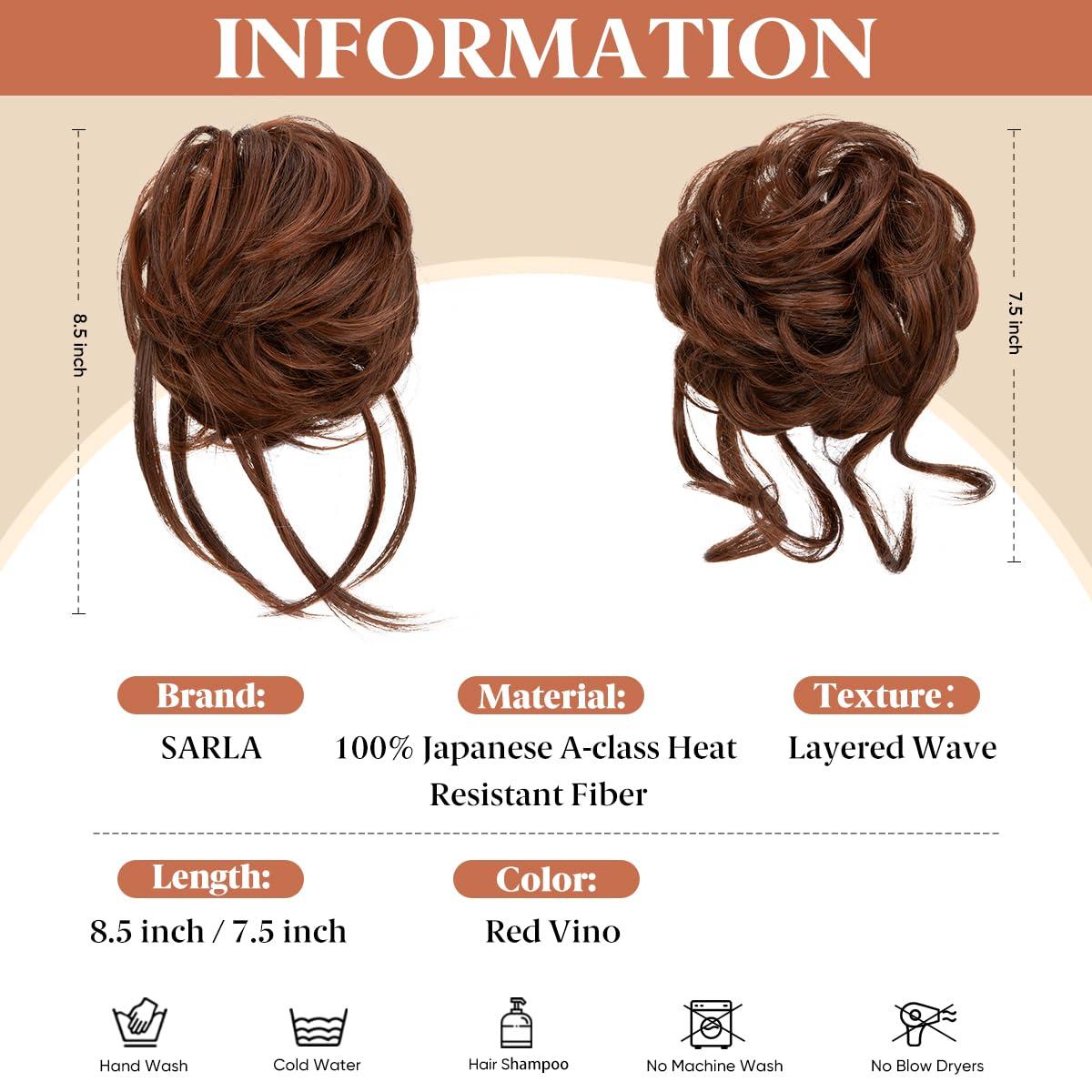 imageSARLA 2PCS Blonde Messy Bun Hair Pieces for Women Detachable Claw Clip Wavy Curly Synthetic Hairpieces for Updos with Tendrils Fake Scrunchies Ponytail Extension Dirty Blonde2PCSRed VinoNo Clip