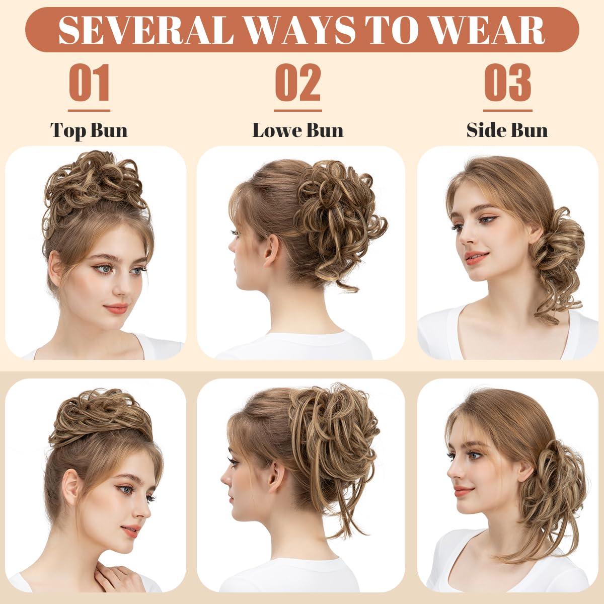 imageSARLA 2PCS Blonde Messy Bun Hair Pieces for Women Detachable Claw Clip Wavy Curly Synthetic Hairpieces for Updos with Tendrils Fake Scrunchies Ponytail Extension Dirty Blonde2PCSDark ChocolateNo Clip