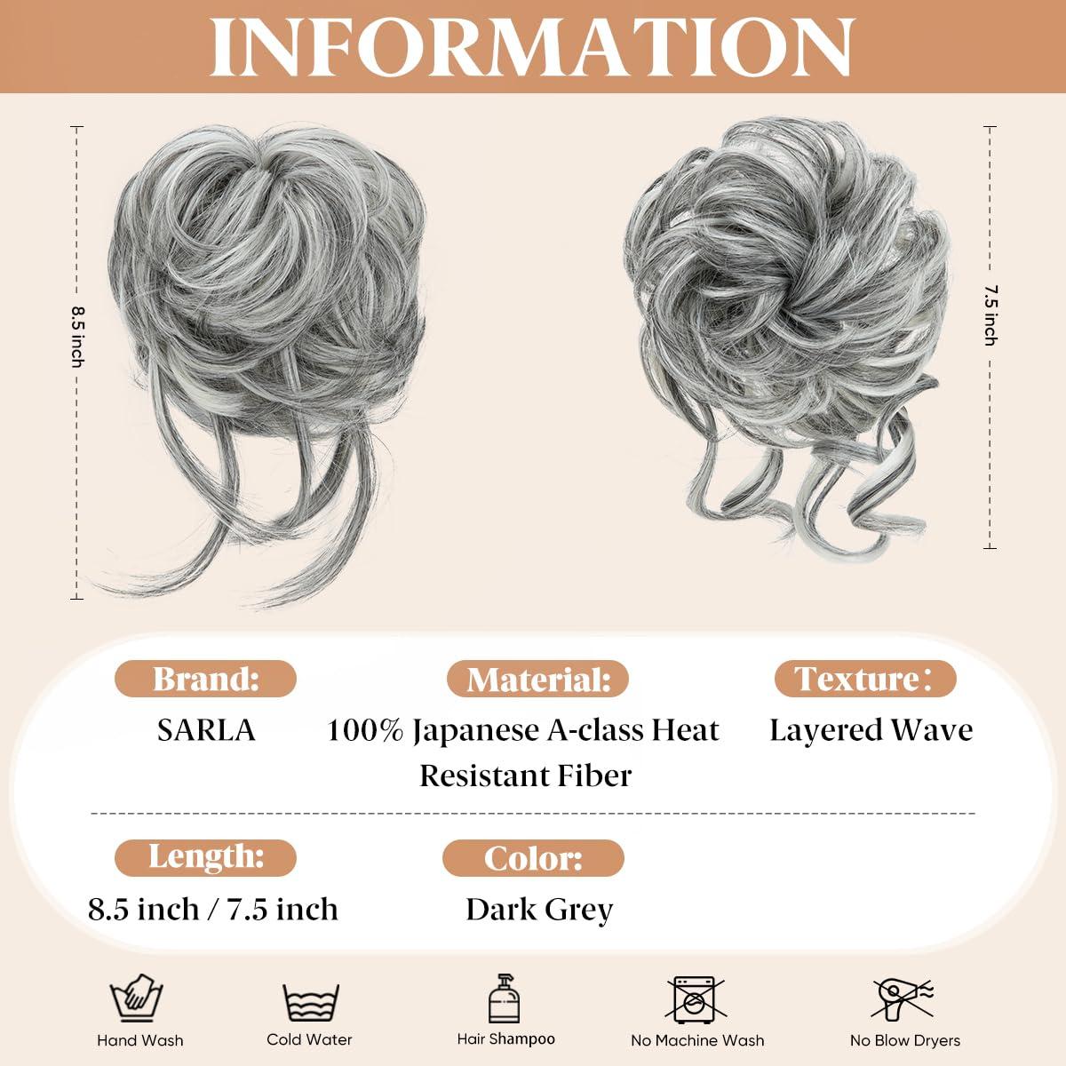 imageSARLA 2PCS Blonde Messy Bun Hair Pieces for Women Detachable Claw Clip Wavy Curly Synthetic Hairpieces for Updos with Tendrils Fake Scrunchies Ponytail Extension Dirty Blonde2PCSDark Grey