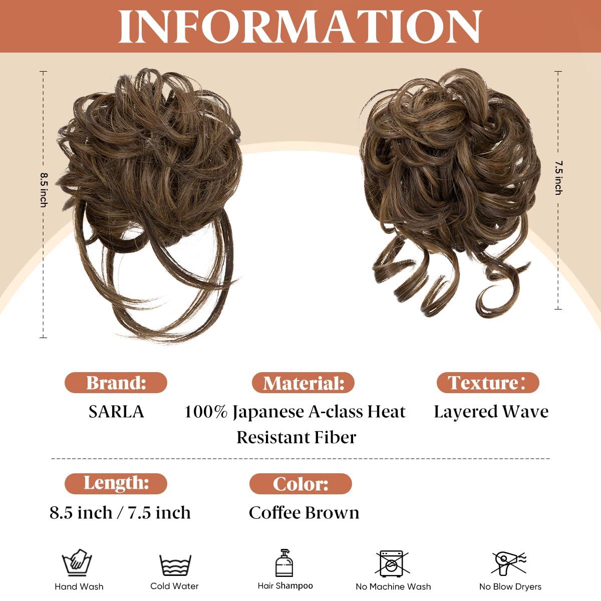 imageSARLA 2PCS Blonde Messy Bun Hair Pieces for Women Detachable Claw Clip Wavy Curly Synthetic Hairpieces for Updos with Tendrils Fake Scrunchies Ponytail Extension Dirty Blonde2PCSCoffee BrownNo Clip