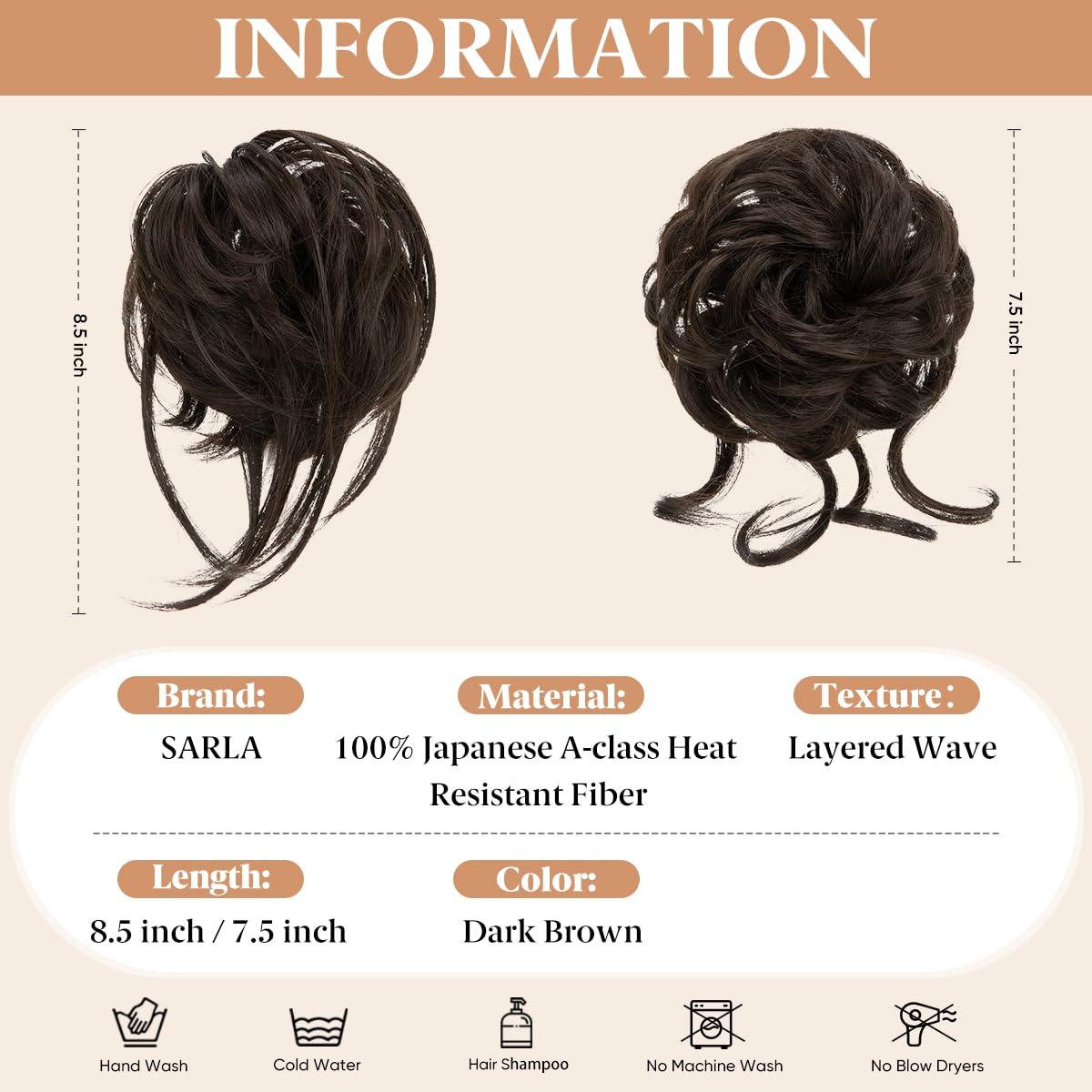 imageSARLA 2PCS Blonde Messy Bun Hair Pieces for Women Detachable Claw Clip Wavy Curly Synthetic Hairpieces for Updos with Tendrils Fake Scrunchies Ponytail Extension Dirty Blonde2PCSDark Brown