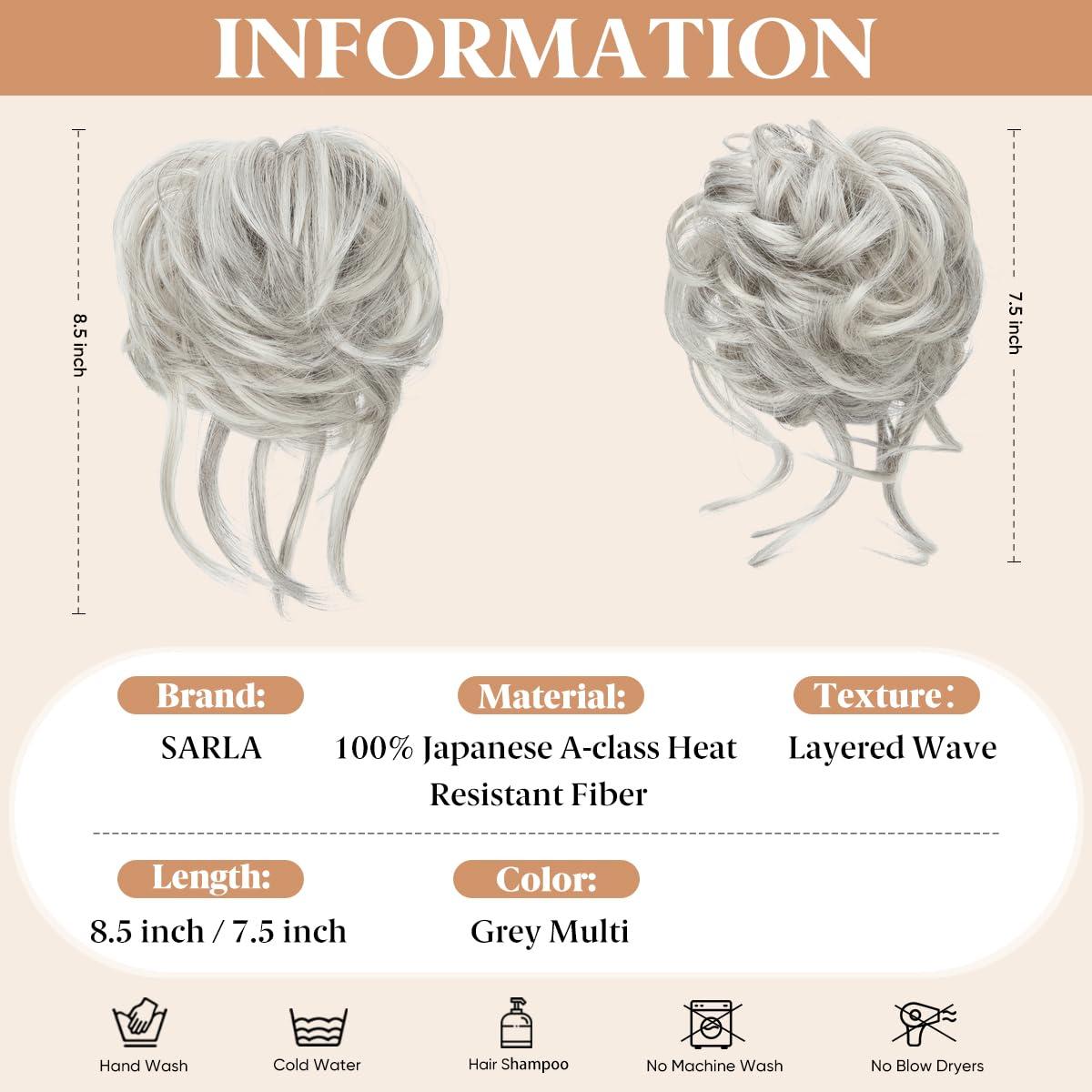 imageSARLA 2PCS Blonde Messy Bun Hair Pieces for Women Detachable Claw Clip Wavy Curly Synthetic Hairpieces for Updos with Tendrils Fake Scrunchies Ponytail Extension Dirty Blonde2PCSGrey Multi