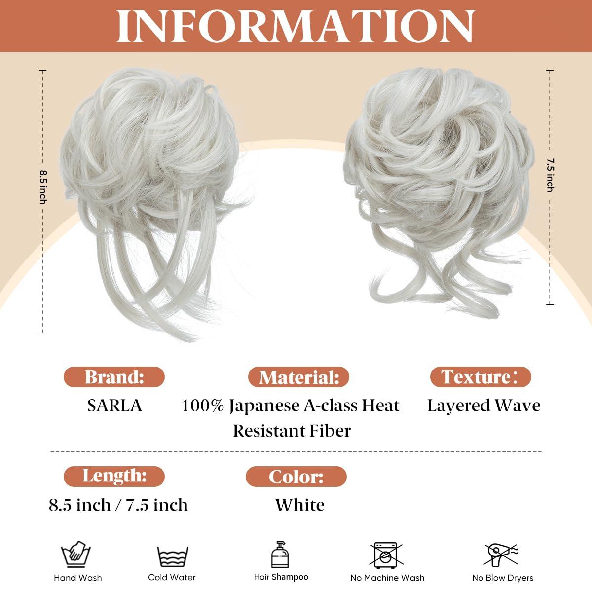 imageSARLA 2PCS Blonde Messy Bun Hair Pieces for Women Detachable Claw Clip Wavy Curly Synthetic Hairpieces for Updos with Tendrils Fake Scrunchies Ponytail Extension Dirty Blonde2PCSWhiteNo Clip