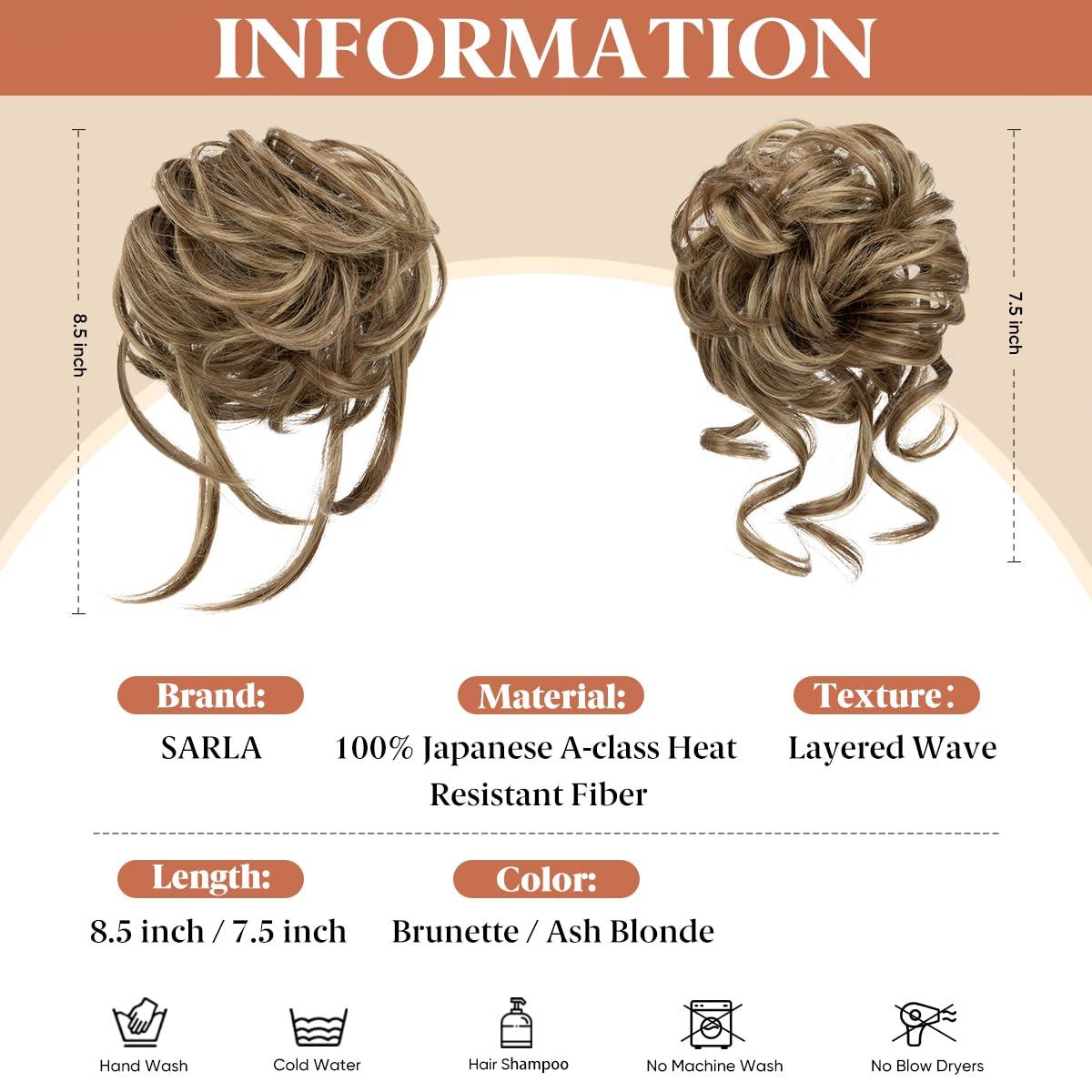 imageSARLA 2PCS Blonde Messy Bun Hair Pieces for Women Detachable Claw Clip Wavy Curly Synthetic Hairpieces for Updos with Tendrils Fake Scrunchies Ponytail Extension Dirty Blonde2PCSBrunette Ash BlondeNo Clip