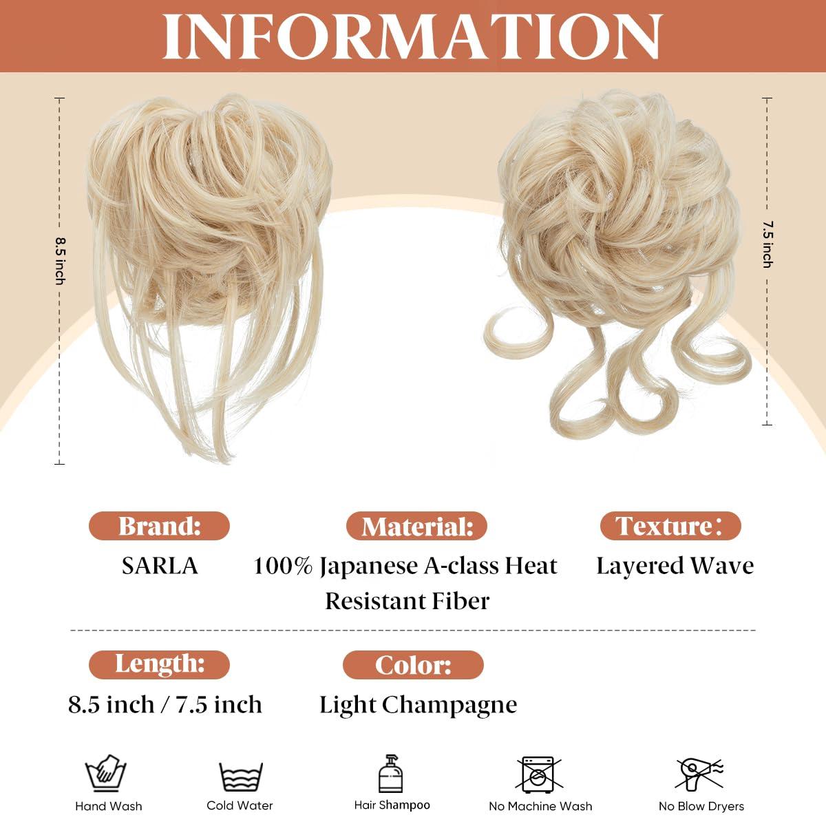 imageSARLA 2PCS Blonde Messy Bun Hair Pieces for Women Detachable Claw Clip Wavy Curly Synthetic Hairpieces for Updos with Tendrils Fake Scrunchies Ponytail Extension Dirty Blonde2PCSLight ChampagneNo Clip