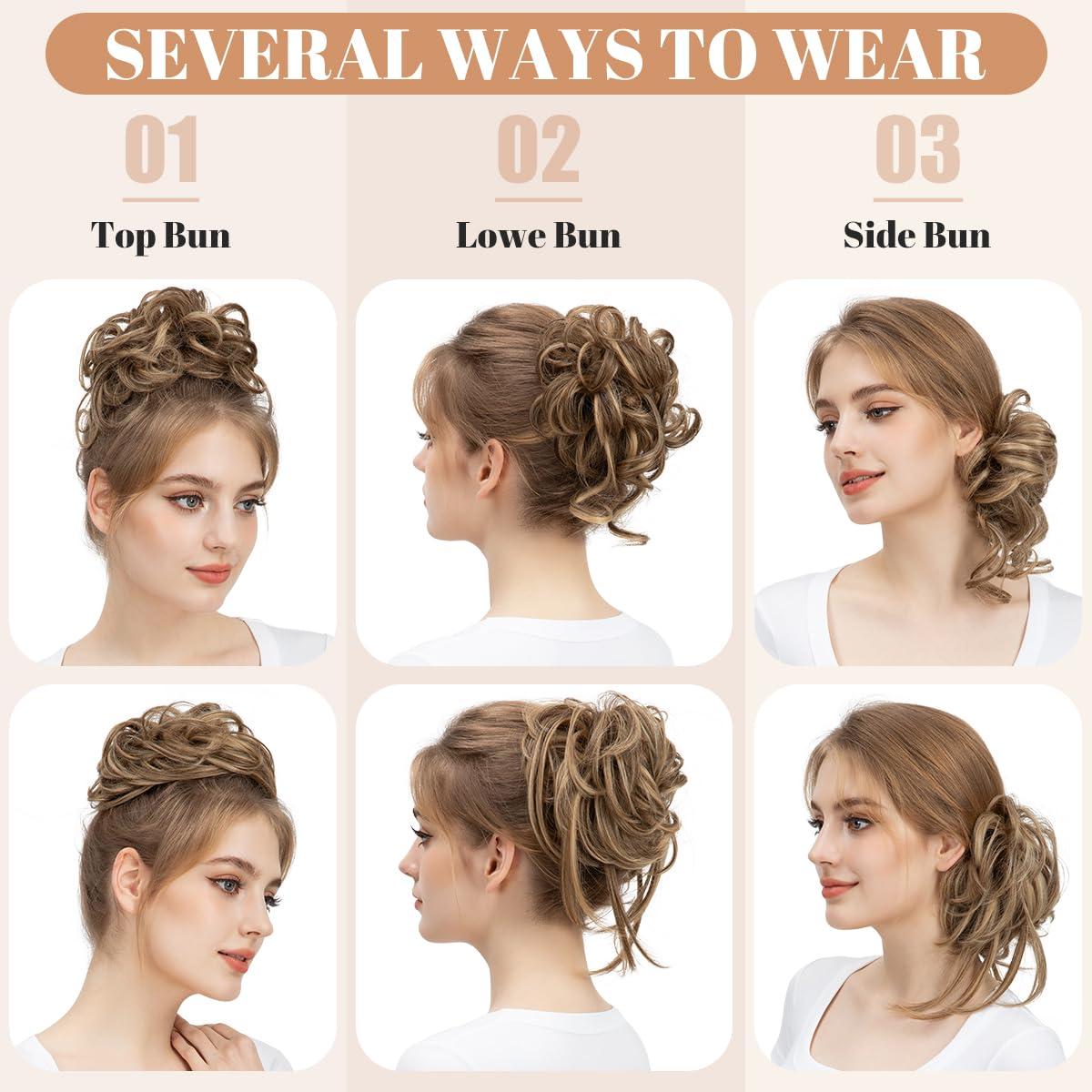 imageSARLA 2PCS Blonde Messy Bun Hair Pieces for Women Detachable Claw Clip Wavy Curly Synthetic Hairpieces for Updos with Tendrils Fake Scrunchies Ponytail Extension Dirty Blonde2PCSGrey Multi