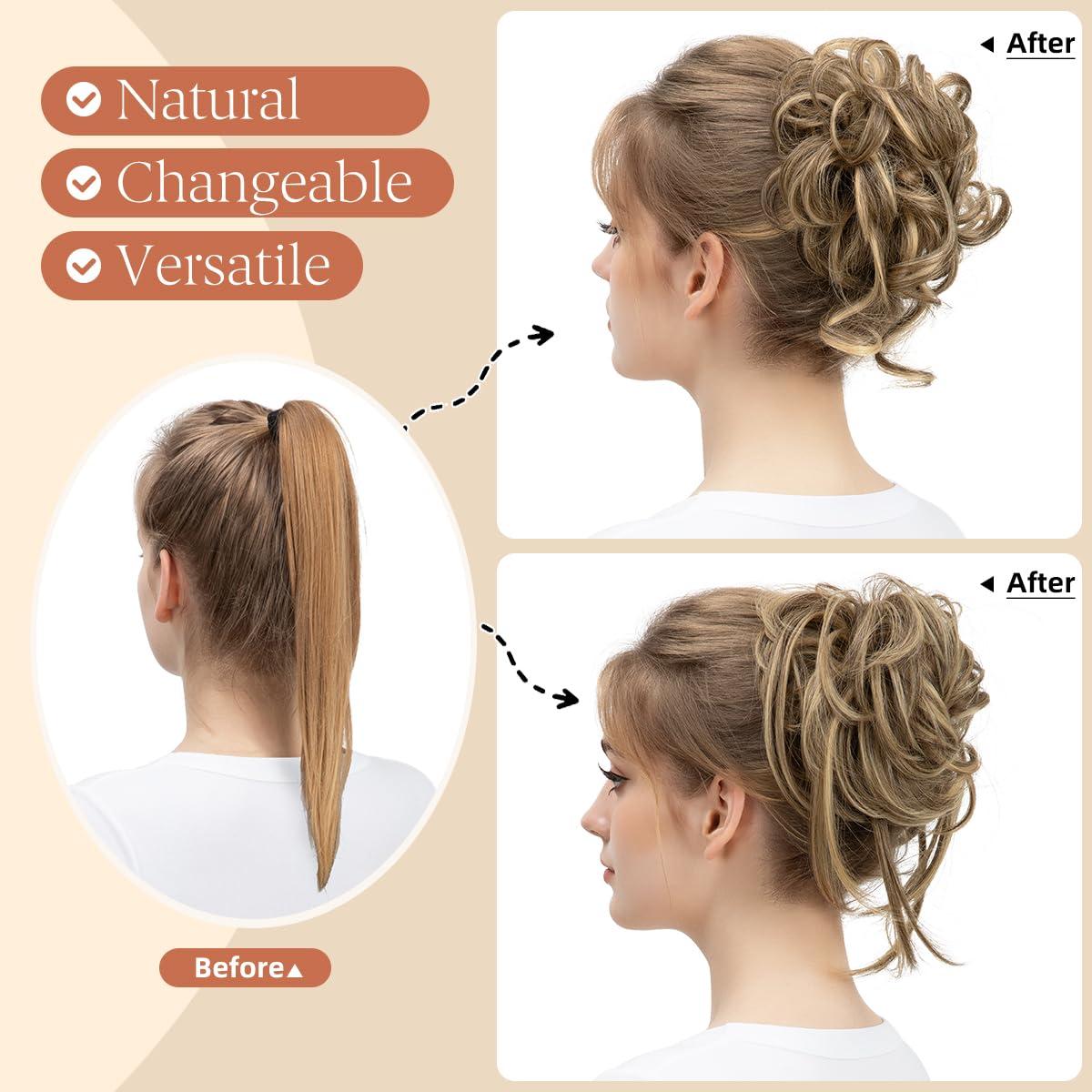 imageSARLA 2PCS Blonde Messy Bun Hair Pieces for Women Detachable Claw Clip Wavy Curly Synthetic Hairpieces for Updos with Tendrils Fake Scrunchies Ponytail Extension Dirty Blonde2PCSDark GreyNo Clip