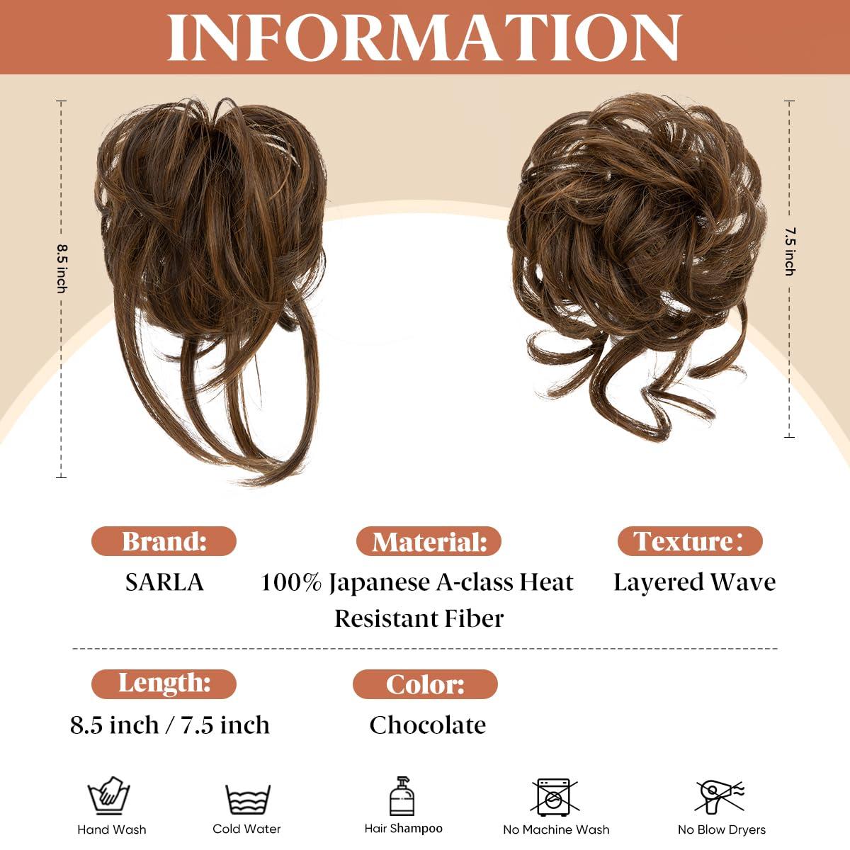 imageSARLA 2PCS Blonde Messy Bun Hair Pieces for Women Detachable Claw Clip Wavy Curly Synthetic Hairpieces for Updos with Tendrils Fake Scrunchies Ponytail Extension Dirty Blonde2PCSChocolateNo Clip
