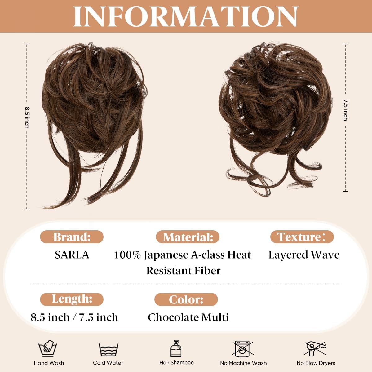 imageSARLA 2PCS Blonde Messy Bun Hair Pieces for Women Detachable Claw Clip Wavy Curly Synthetic Hairpieces for Updos with Tendrils Fake Scrunchies Ponytail Extension Dirty Blonde2PCSChocolate Multi