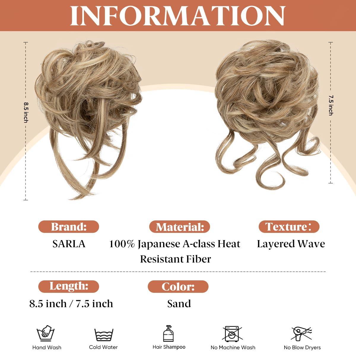 imageSARLA 2PCS Blonde Messy Bun Hair Pieces for Women Detachable Claw Clip Wavy Curly Synthetic Hairpieces for Updos with Tendrils Fake Scrunchies Ponytail Extension Dirty Blonde2PCSSandNo Clip