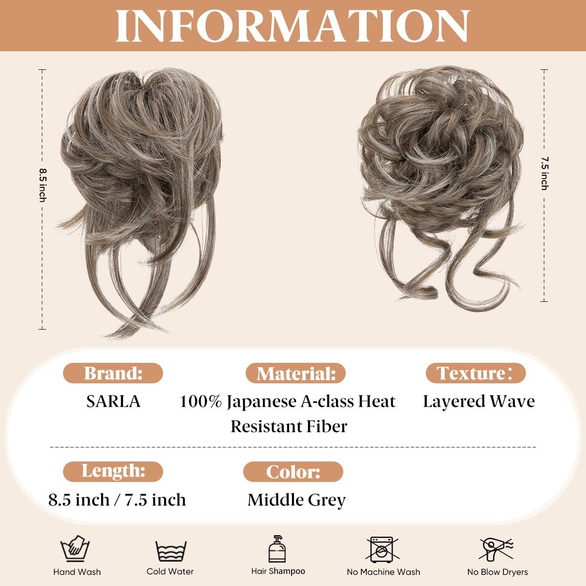 imageSARLA 2PCS Blonde Messy Bun Hair Pieces for Women Detachable Claw Clip Wavy Curly Synthetic Hairpieces for Updos with Tendrils Fake Scrunchies Ponytail Extension Dirty Blonde2PCSMiddle Grey
