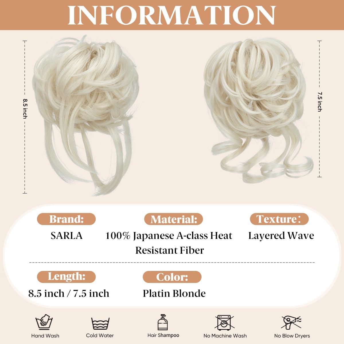 imageSARLA 2PCS Blonde Messy Bun Hair Pieces for Women Detachable Claw Clip Wavy Curly Synthetic Hairpieces for Updos with Tendrils Fake Scrunchies Ponytail Extension Dirty Blonde2PCSPlatin Blonde