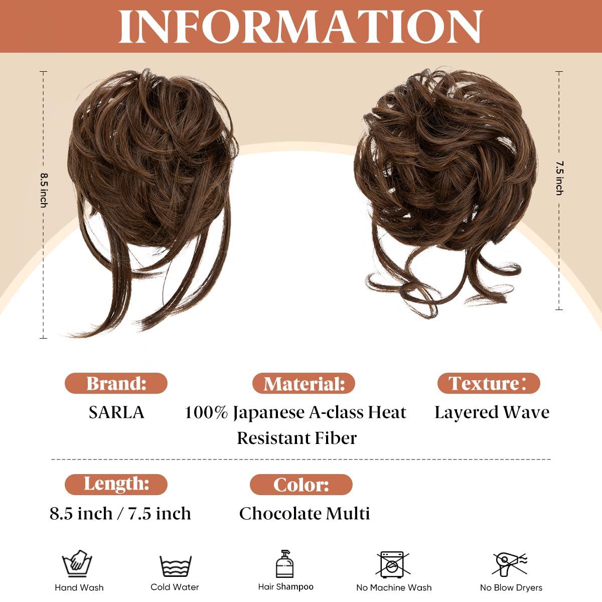imageSARLA 2PCS Blonde Messy Bun Hair Pieces for Women Detachable Claw Clip Wavy Curly Synthetic Hairpieces for Updos with Tendrils Fake Scrunchies Ponytail Extension Dirty Blonde2PCSChocolate MultiNo Clip