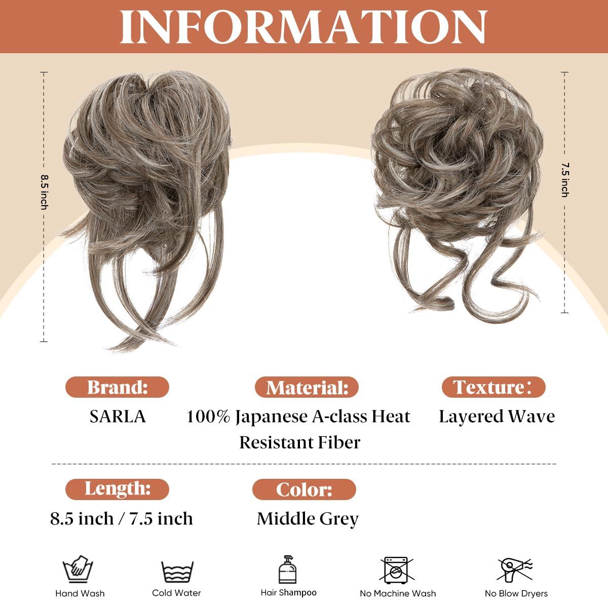 imageSARLA 2PCS Blonde Messy Bun Hair Pieces for Women Detachable Claw Clip Wavy Curly Synthetic Hairpieces for Updos with Tendrils Fake Scrunchies Ponytail Extension Dirty Blonde2PCSMiddle GreyNo Clip