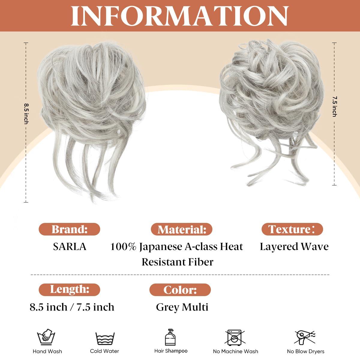 imageSARLA 2PCS Blonde Messy Bun Hair Pieces for Women Detachable Claw Clip Wavy Curly Synthetic Hairpieces for Updos with Tendrils Fake Scrunchies Ponytail Extension Dirty Blonde2PCSGrey MultiNo Clip