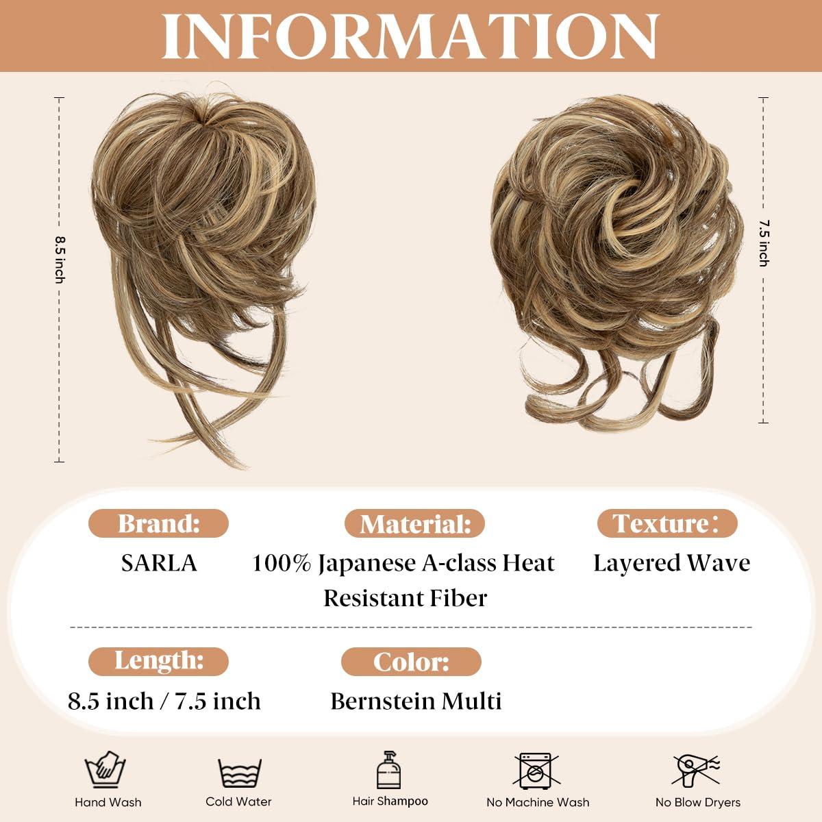 imageSARLA 2PCS Blonde Messy Bun Hair Pieces for Women Detachable Claw Clip Wavy Curly Synthetic Hairpieces for Updos with Tendrils Fake Scrunchies Ponytail Extension Dirty Blonde2PCSBernstein Multi
