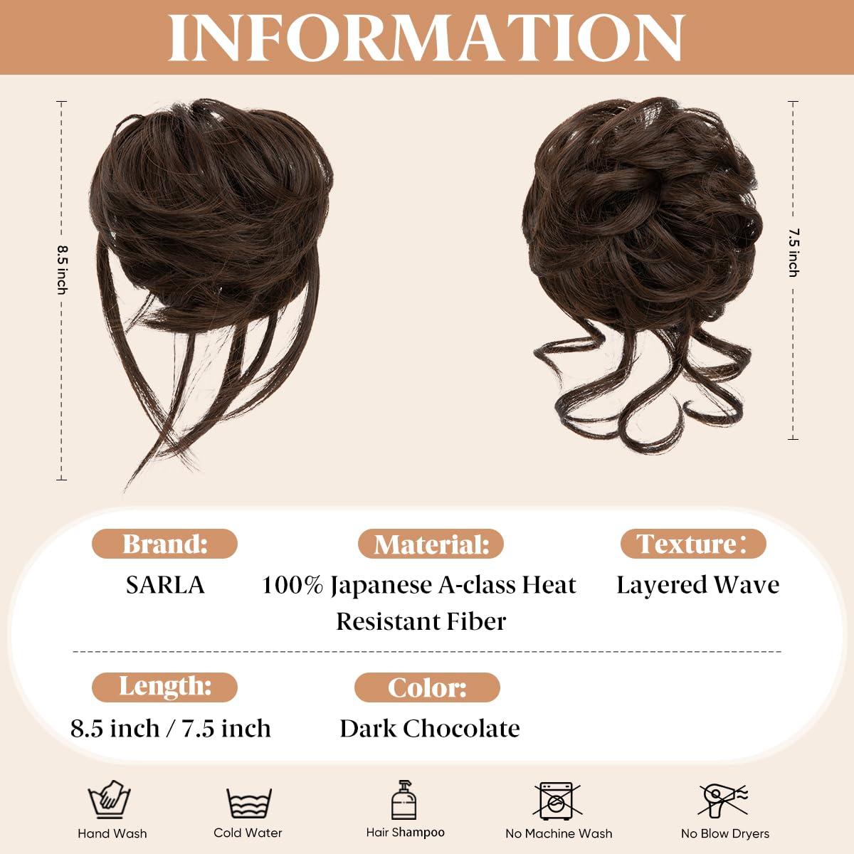 imageSARLA 2PCS Blonde Messy Bun Hair Pieces for Women Detachable Claw Clip Wavy Curly Synthetic Hairpieces for Updos with Tendrils Fake Scrunchies Ponytail Extension Dirty Blonde2PCSDark Chocolate