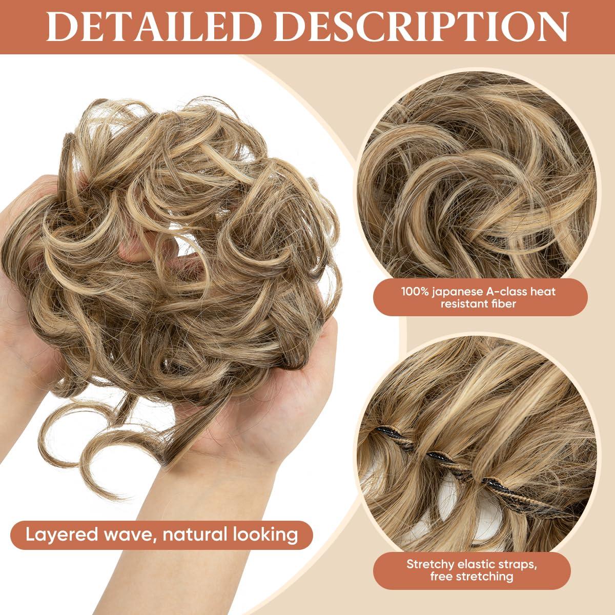imageSARLA 2PCS Blonde Messy Bun Hair Pieces for Women Detachable Claw Clip Wavy Curly Synthetic Hairpieces for Updos with Tendrils Fake Scrunchies Ponytail Extension Dirty Blonde2PCSGrey MultiNo Clip