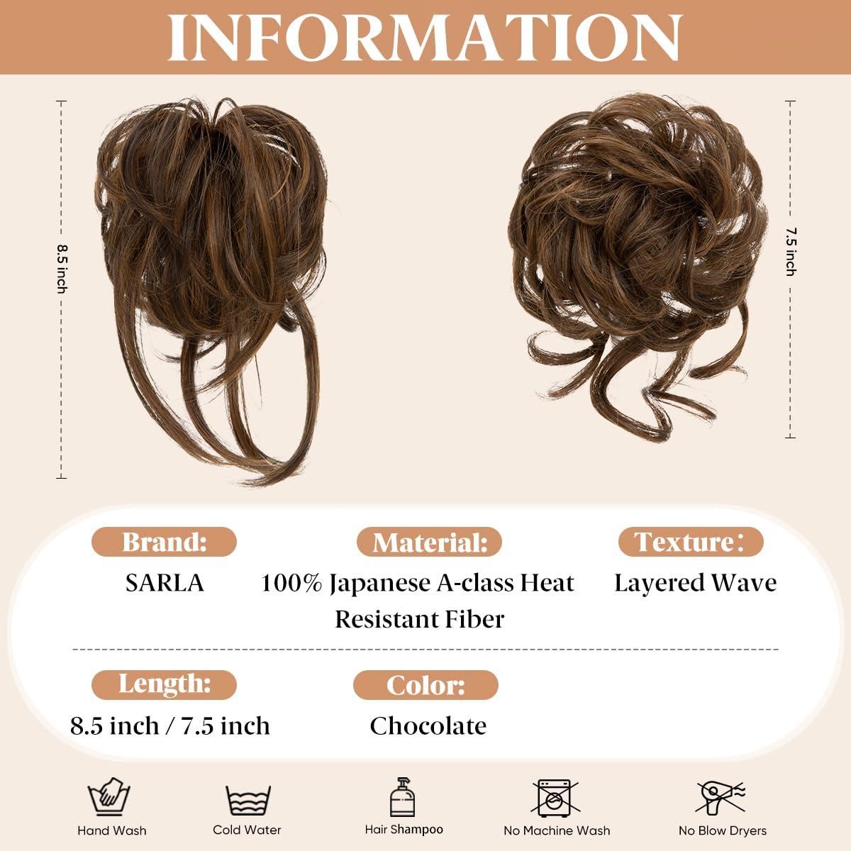 imageSARLA 2PCS Blonde Messy Bun Hair Pieces for Women Detachable Claw Clip Wavy Curly Synthetic Hairpieces for Updos with Tendrils Fake Scrunchies Ponytail Extension Dirty Blonde2PCSChocolate