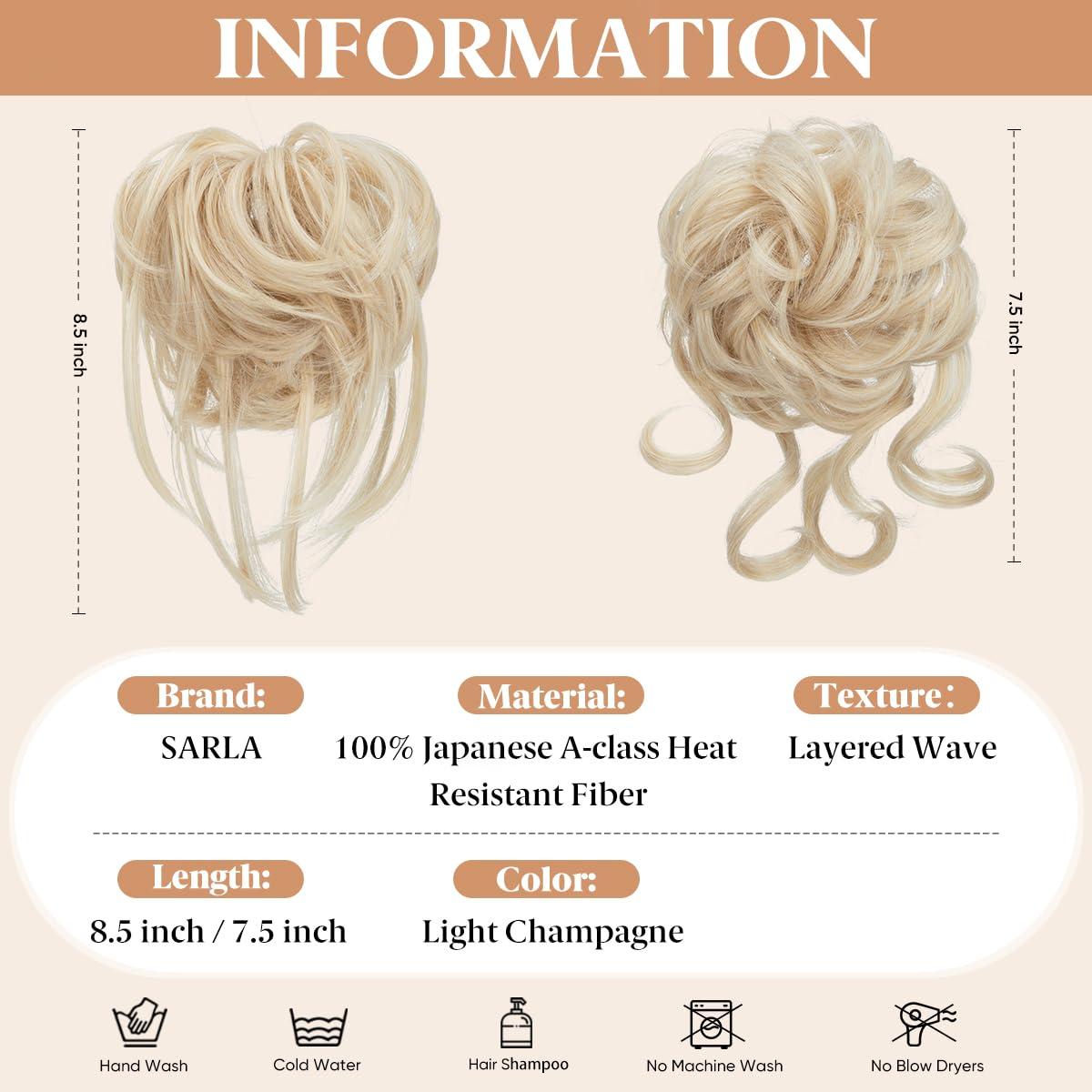 imageSARLA 2PCS Blonde Messy Bun Hair Pieces for Women Detachable Claw Clip Wavy Curly Synthetic Hairpieces for Updos with Tendrils Fake Scrunchies Ponytail Extension Dirty Blonde2PCSLight Champagne