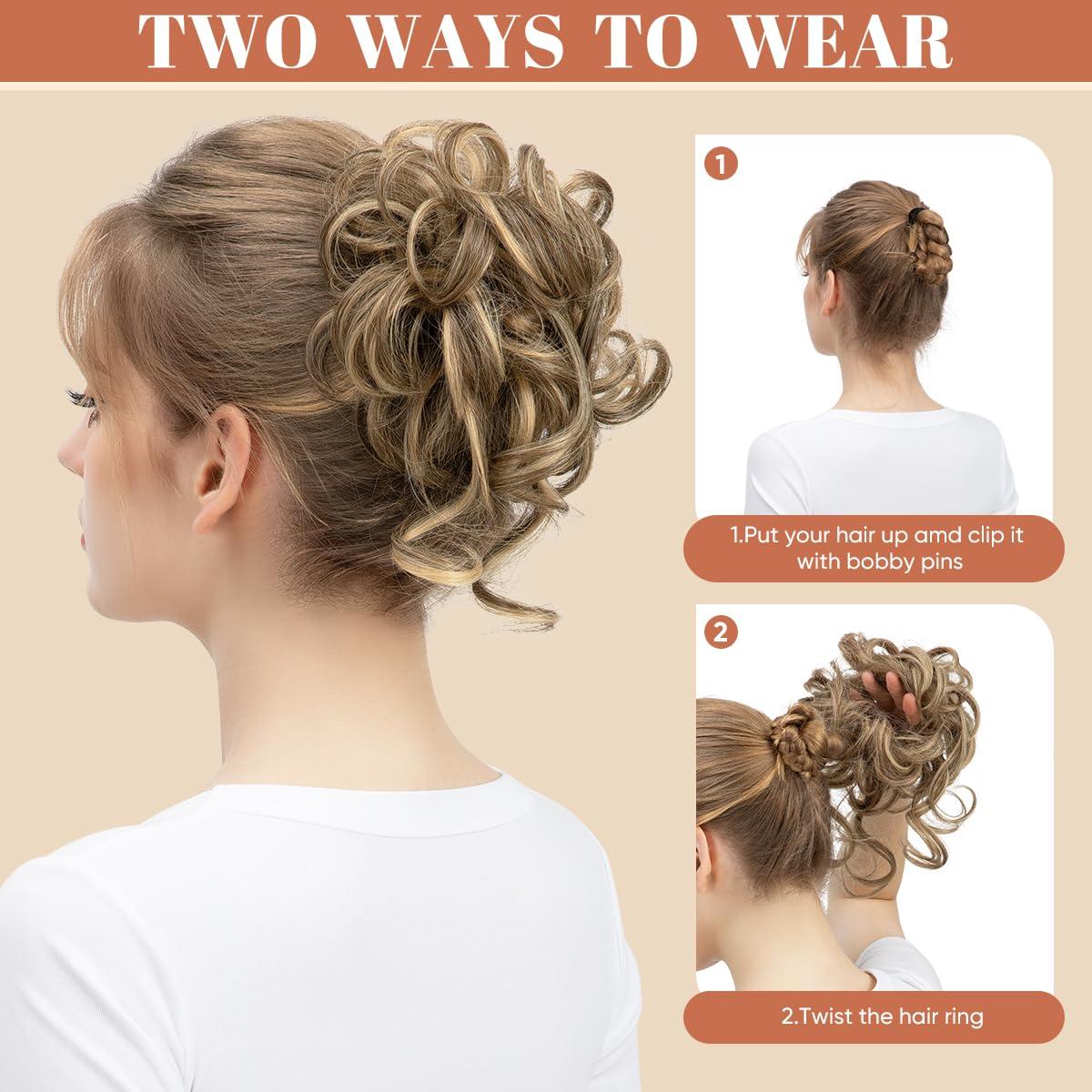 imageSARLA 2PCS Blonde Messy Bun Hair Pieces for Women Detachable Claw Clip Wavy Curly Synthetic Hairpieces for Updos with Tendrils Fake Scrunchies Ponytail Extension Dirty Blonde2PCSChocolateNo Clip