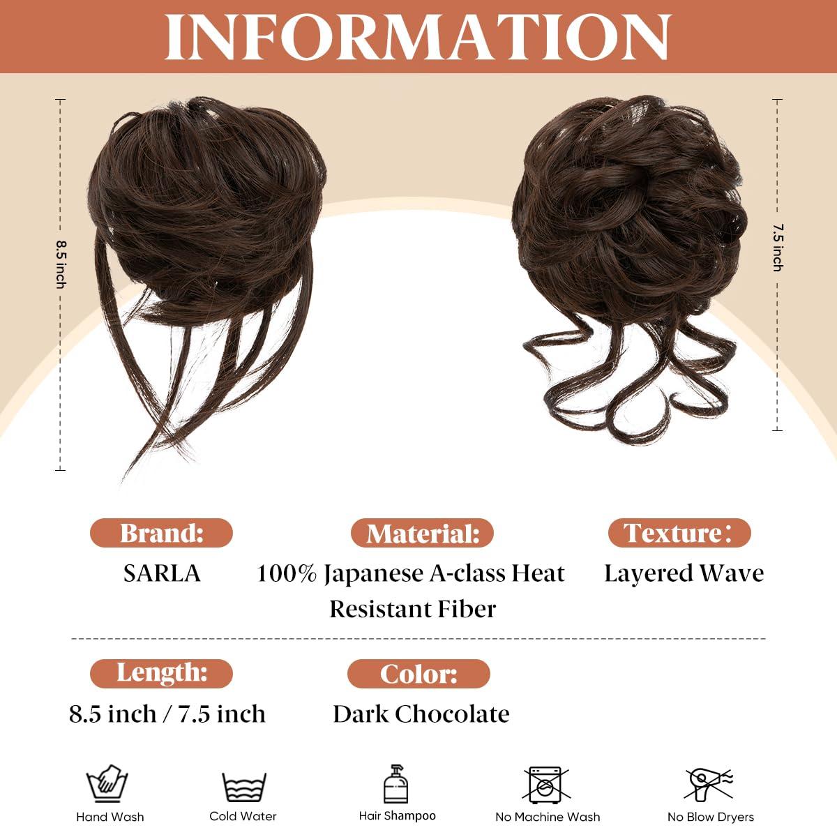 imageSARLA 2PCS Blonde Messy Bun Hair Pieces for Women Detachable Claw Clip Wavy Curly Synthetic Hairpieces for Updos with Tendrils Fake Scrunchies Ponytail Extension Dirty Blonde2PCSDark ChocolateNo Clip