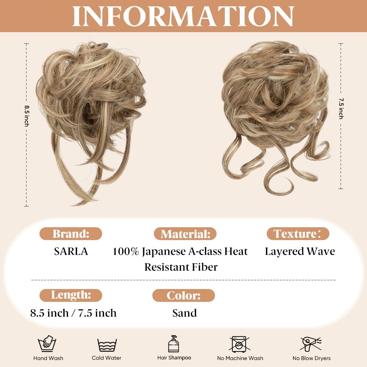 imageSARLA 2PCS Blonde Messy Bun Hair Pieces for Women Detachable Claw Clip Wavy Curly Synthetic Hairpieces for Updos with Tendrils Fake Scrunchies Ponytail Extension Dirty Blonde2PCSSand