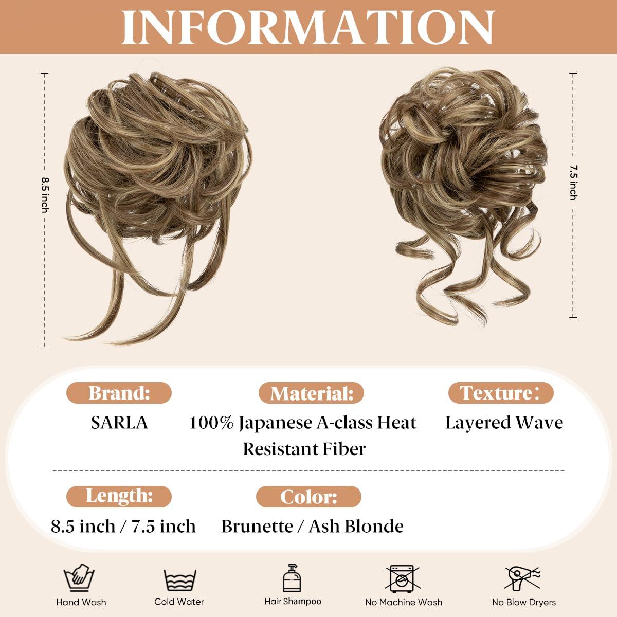 imageSARLA 2PCS Blonde Messy Bun Hair Pieces for Women Detachable Claw Clip Wavy Curly Synthetic Hairpieces for Updos with Tendrils Fake Scrunchies Ponytail Extension Dirty Blonde2PCSBrunette Ash Blonde