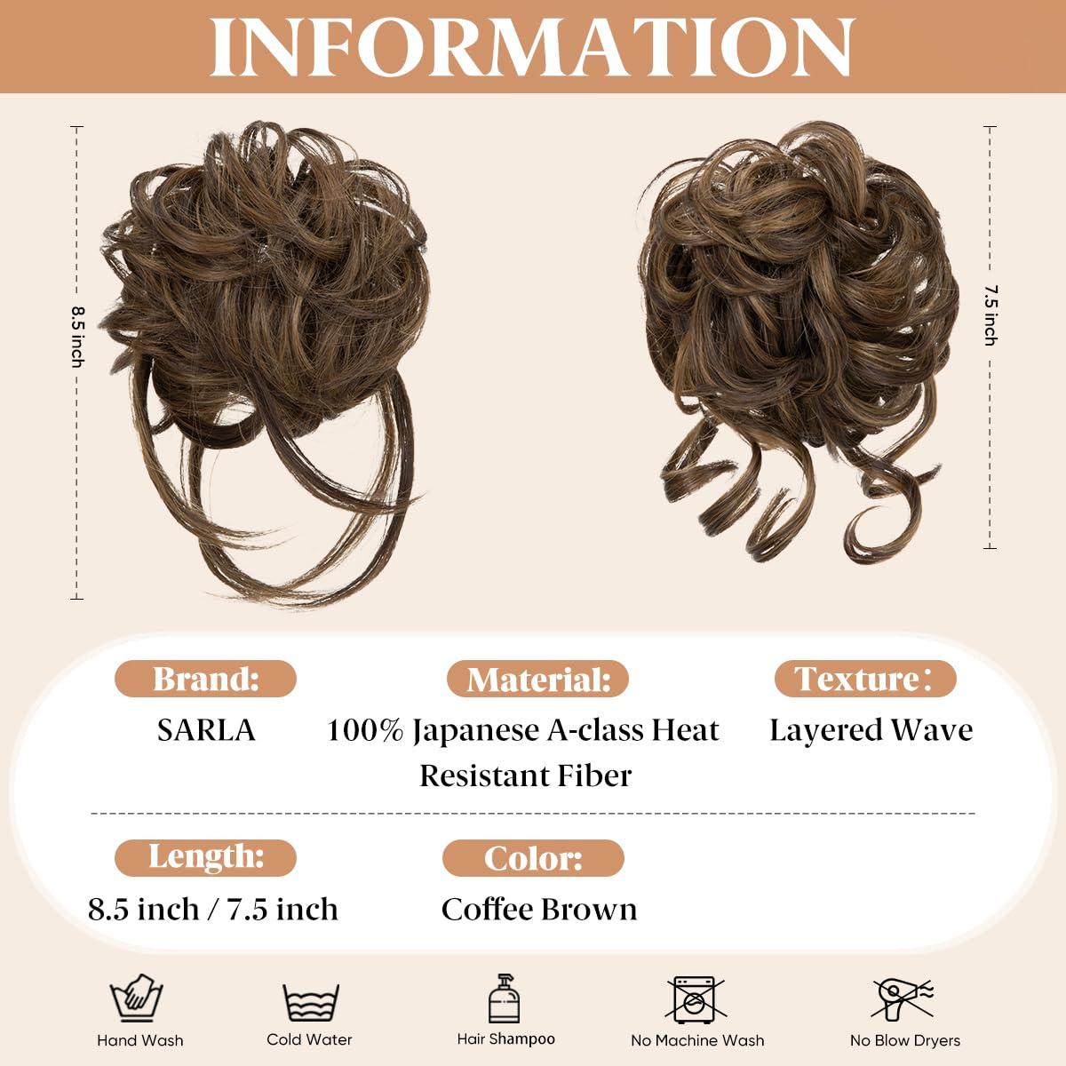 imageSARLA 2PCS Blonde Messy Bun Hair Pieces for Women Detachable Claw Clip Wavy Curly Synthetic Hairpieces for Updos with Tendrils Fake Scrunchies Ponytail Extension Dirty Blonde2PCSCoffee Brown