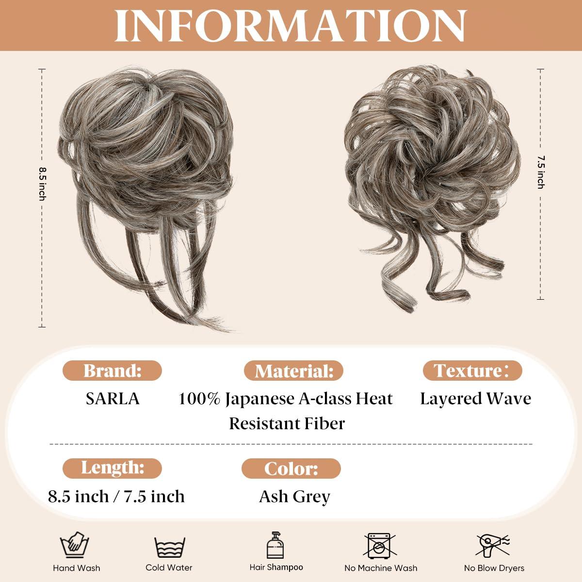 imageSARLA 2PCS Blonde Messy Bun Hair Pieces for Women Detachable Claw Clip Wavy Curly Synthetic Hairpieces for Updos with Tendrils Fake Scrunchies Ponytail Extension Dirty Blonde2PCSAsh Grey