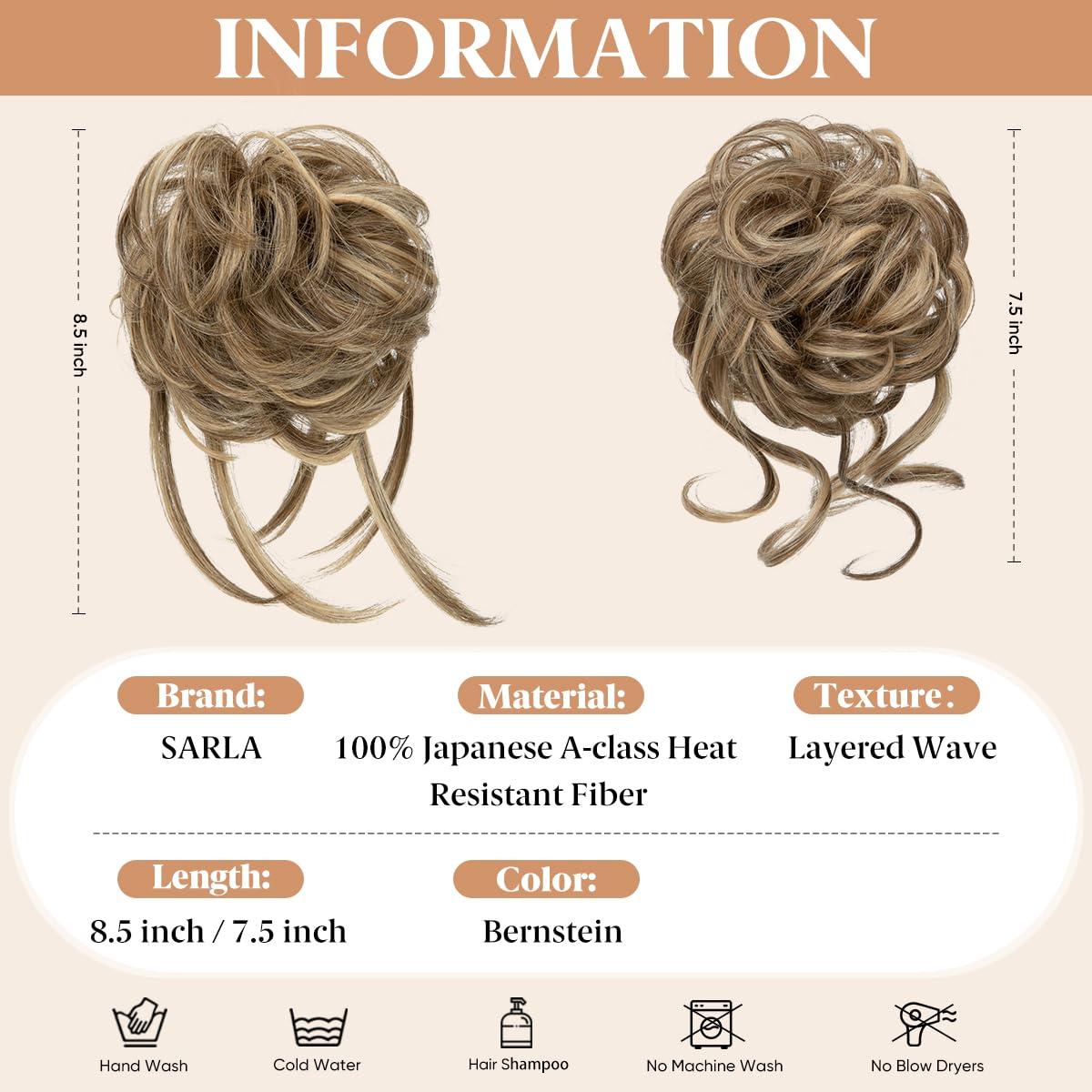 imageSARLA 2PCS Blonde Messy Bun Hair Pieces for Women Detachable Claw Clip Wavy Curly Synthetic Hairpieces for Updos with Tendrils Fake Scrunchies Ponytail Extension Dirty Blonde2PCSBernstein
