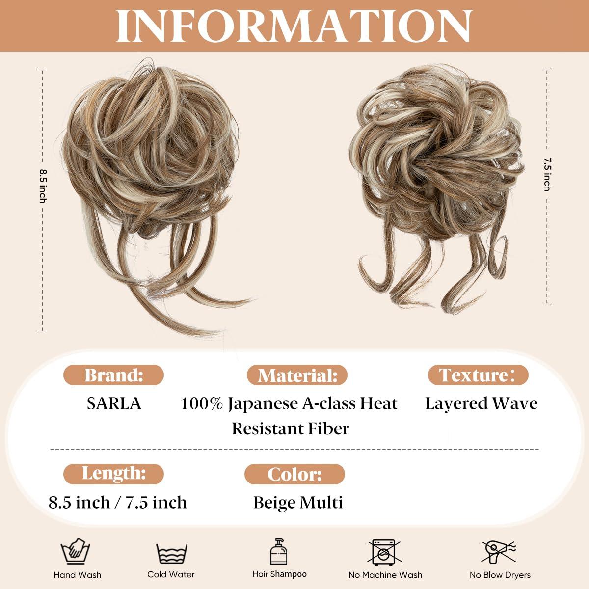 imageSARLA 2PCS Blonde Messy Bun Hair Pieces for Women Detachable Claw Clip Wavy Curly Synthetic Hairpieces for Updos with Tendrils Fake Scrunchies Ponytail Extension Dirty Blonde2PCSBeige Multi