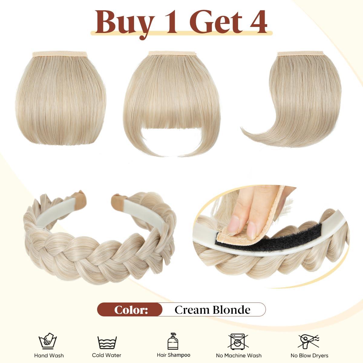 imageSARLA Braided Headband with 3 Detachable Clip in Bangs Fringe Hairpieces Fake Synthetic Hair Band Bangs for Women Coffee BrownCream Blonde