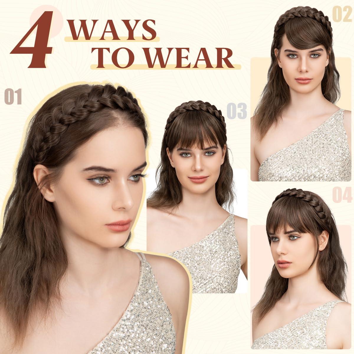 imageSARLA Braided Headband with 3 Detachable Clip in Bangs Fringe Hairpieces Fake Synthetic Hair Band Bangs for Women Coffee BrownCream Blonde