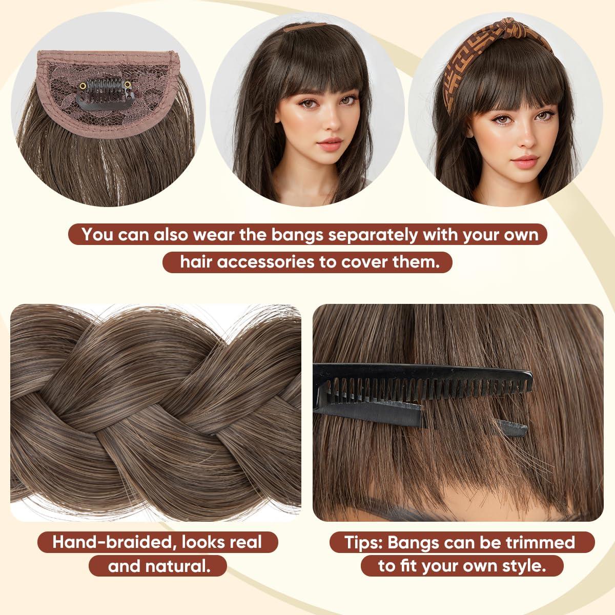 imageSARLA Braided Headband with 3 Detachable Clip in Bangs Fringe Hairpieces Fake Synthetic Hair Band Bangs for Women Coffee BrownDark Brown